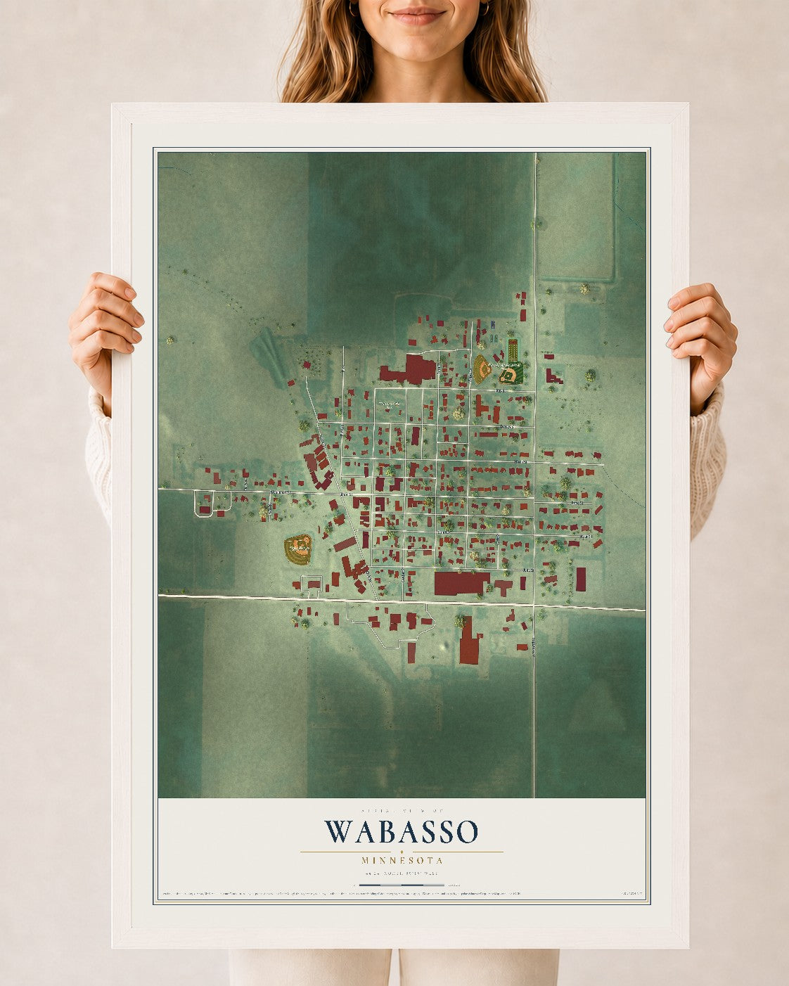 Map of Wabasso, Minnesota, 24 x 36 inch print in a white wood frame