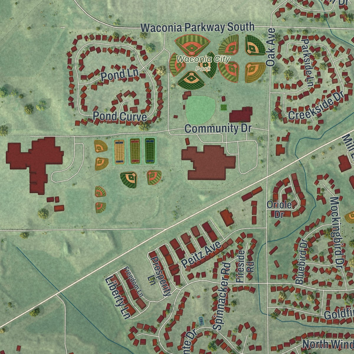 Second close-up of the map of Waconia, Minnesota print showing more streets and buildings