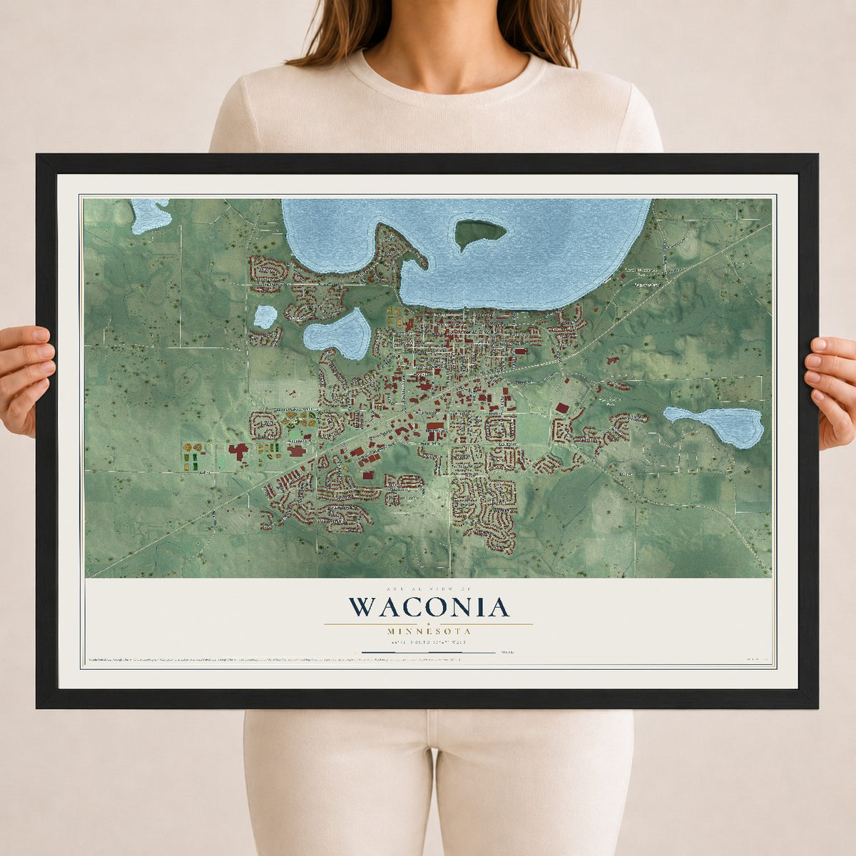 Map of Waconia, Minnesota, 18 x 24 inch print in a black wood frame
