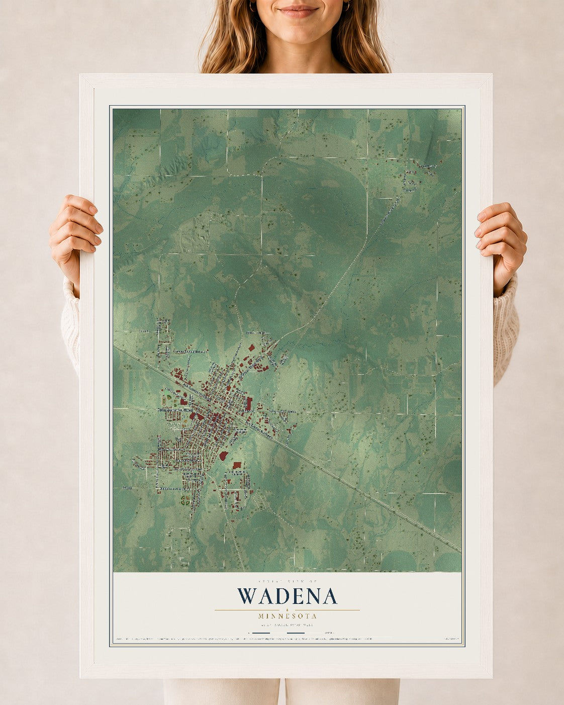 Map of Wadena, Minnesota, 24 x 36 inch print in a white wood frame