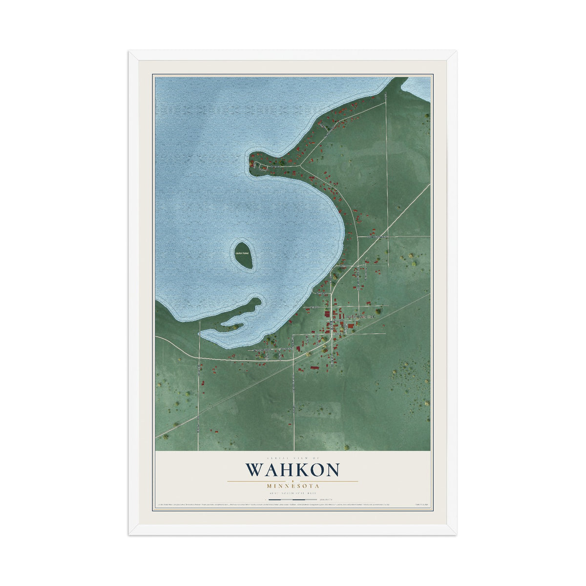 Map of Wahkon, Minnesota, 12 x 18 inch print in a white wood frame
