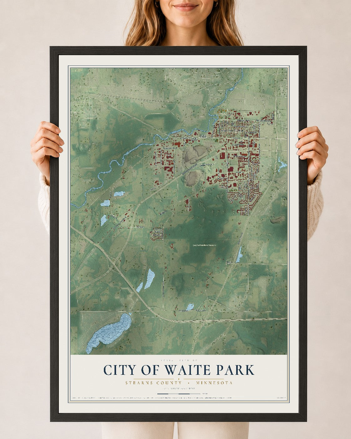 Map of Waite Park, Minnesota, 24 x 36 inch print in a black wood frame