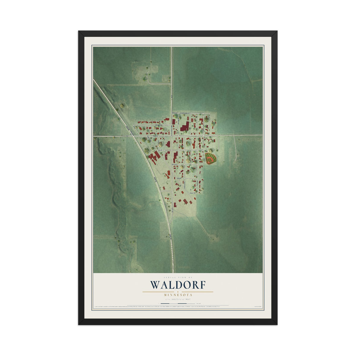 Map of Waldorf, Minnesota, 12 x 18 inch print in a black wood frame