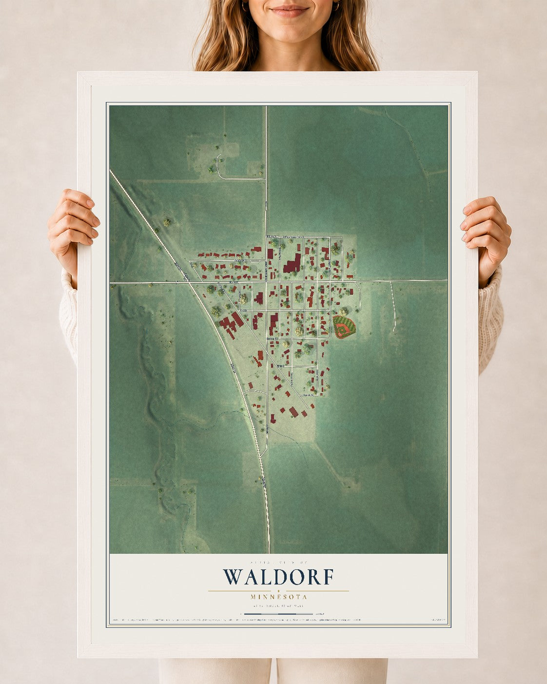 Map of Waldorf, Minnesota, 24 x 36 inch print in a white wood frame