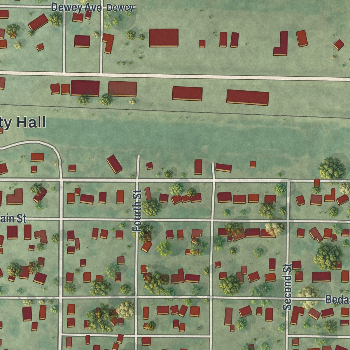 Close-up of the map of Walnut Grove, Minnesota print showing street and building detail