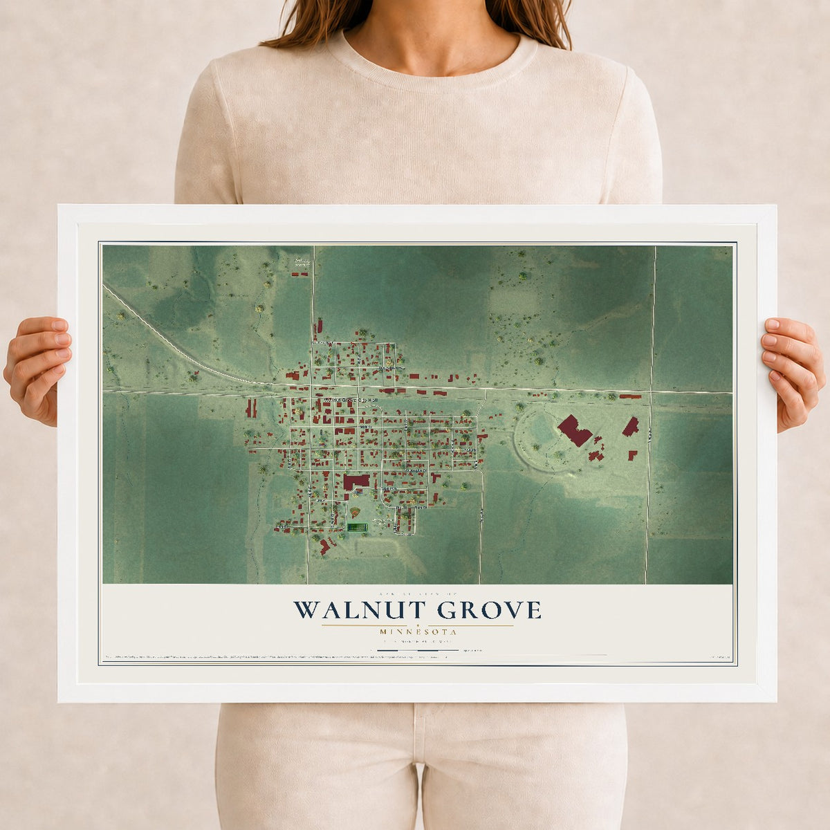 Map of Walnut Grove, Minnesota, 12 x 18 inch print in a white wood frame