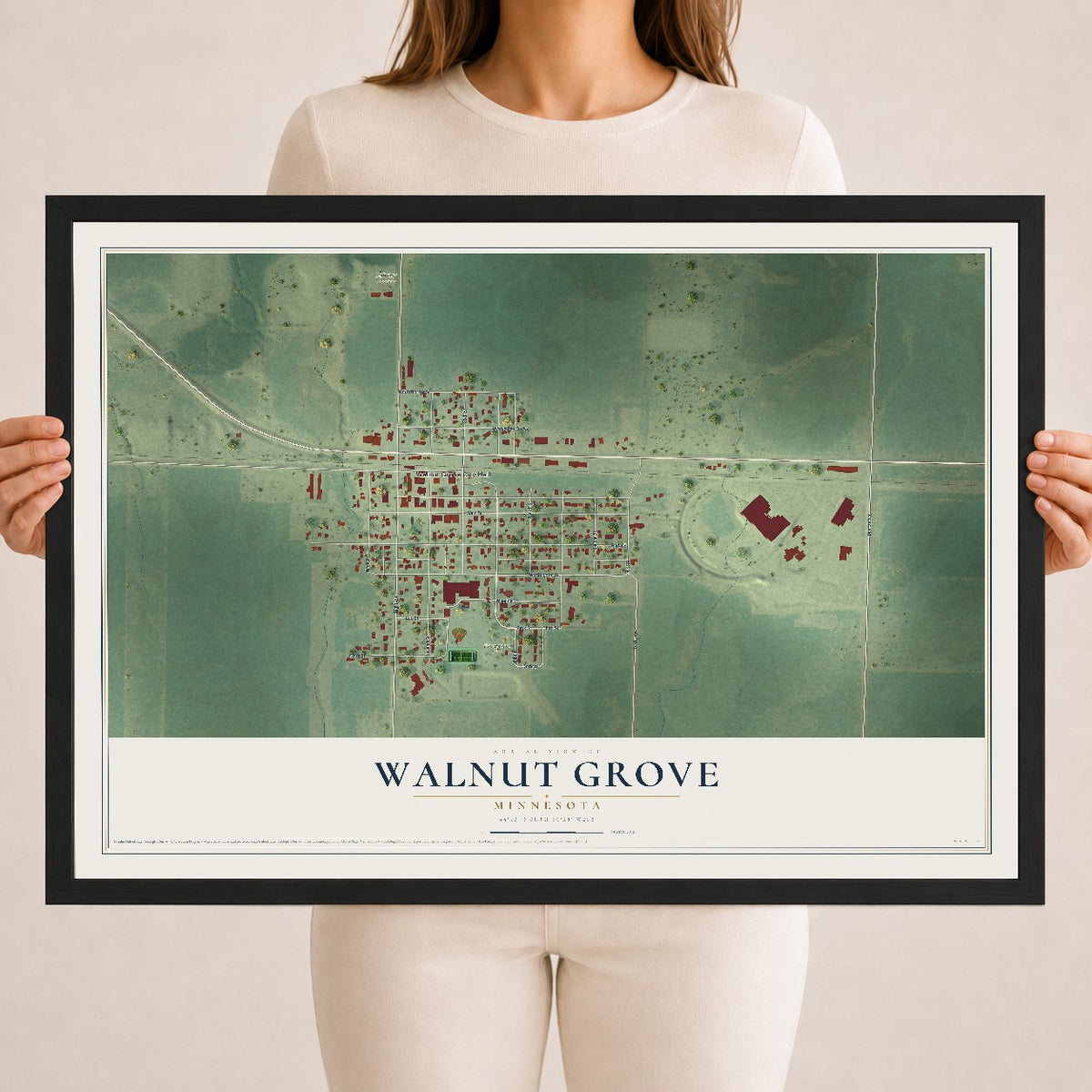 Map of Walnut Grove, Minnesota, 18 x 24 inch print in a black wood frame