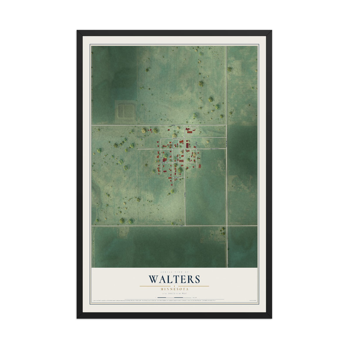 Map of Walters, Minnesota, 12 x 18 inch print in a black wood frame