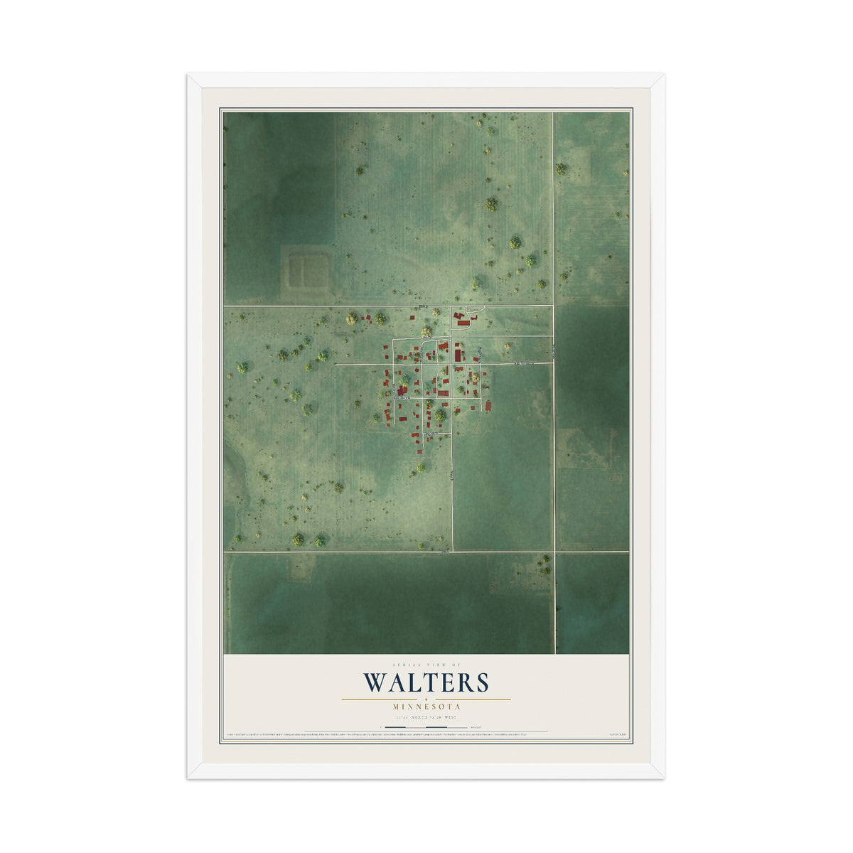 Map of Walters, Minnesota, 12 x 18 inch print in a white wood frame