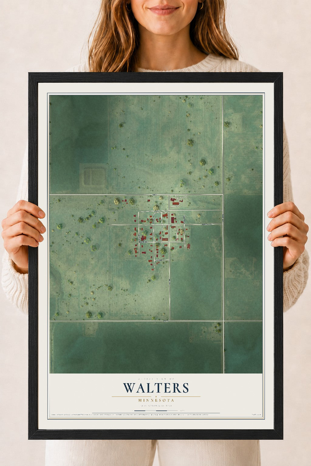 Map of Walters, Minnesota, 18 x 24 inch print in a black wood frame
