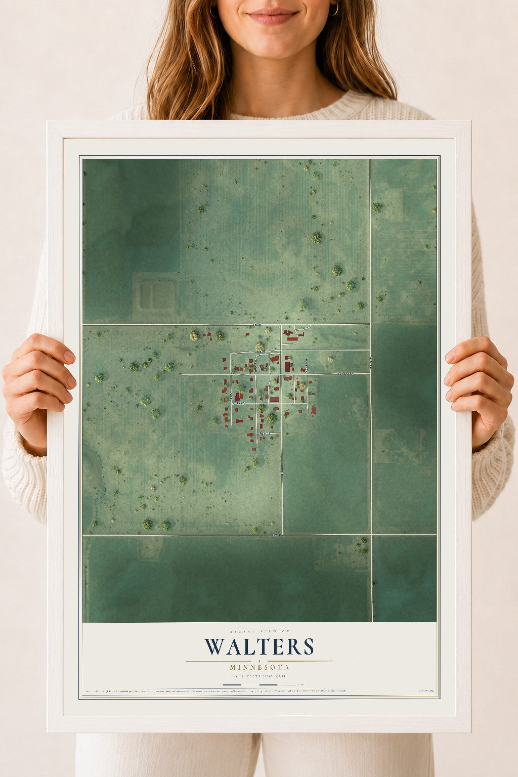 Map of Walters, Minnesota, 18 x 24 inch print in a white wood frame