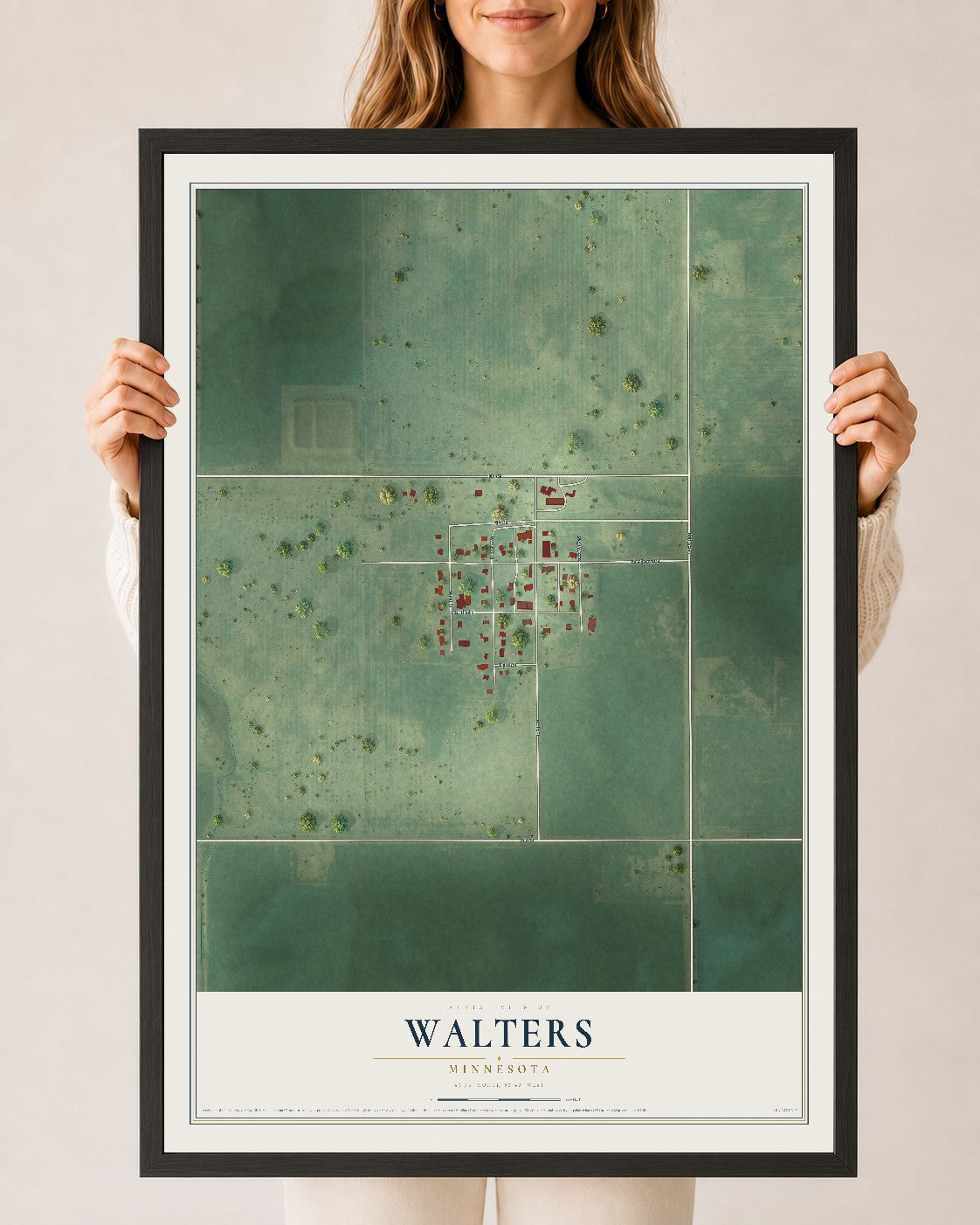 Map of Walters, Minnesota, 24 x 36 inch print in a black wood frame