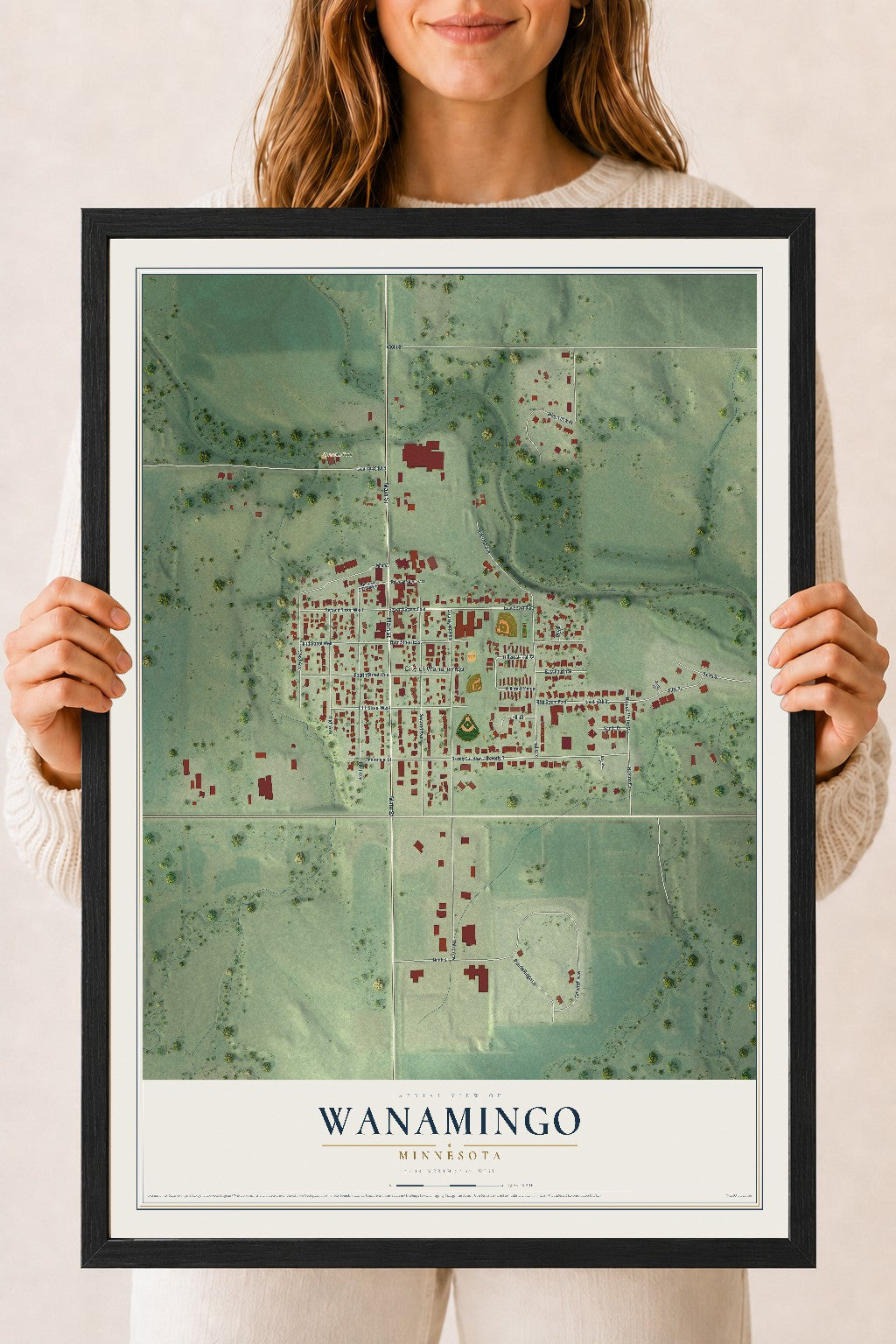 Map of Wanamingo, Minnesota, 18 x 24 inch print in a black wood frame