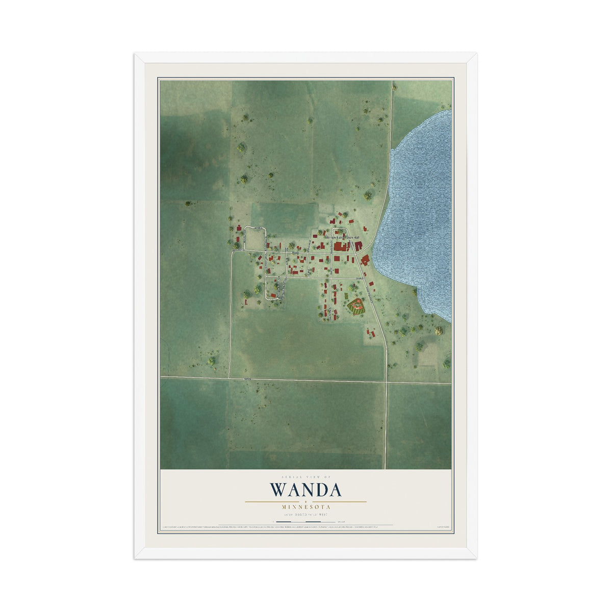 Map of Wanda, Minnesota, 12 x 18 inch print in a white wood frame