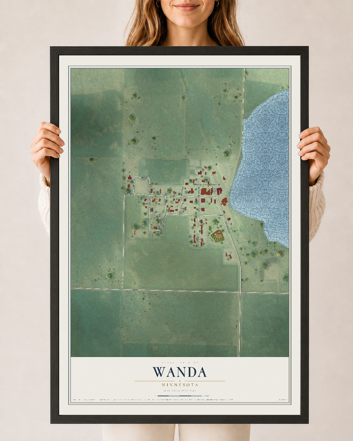 Map of Wanda, Minnesota, 24 x 36 inch print in a black wood frame