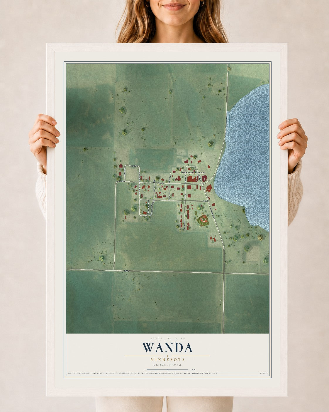 Map of Wanda, Minnesota, 24 x 36 inch print in a white wood frame