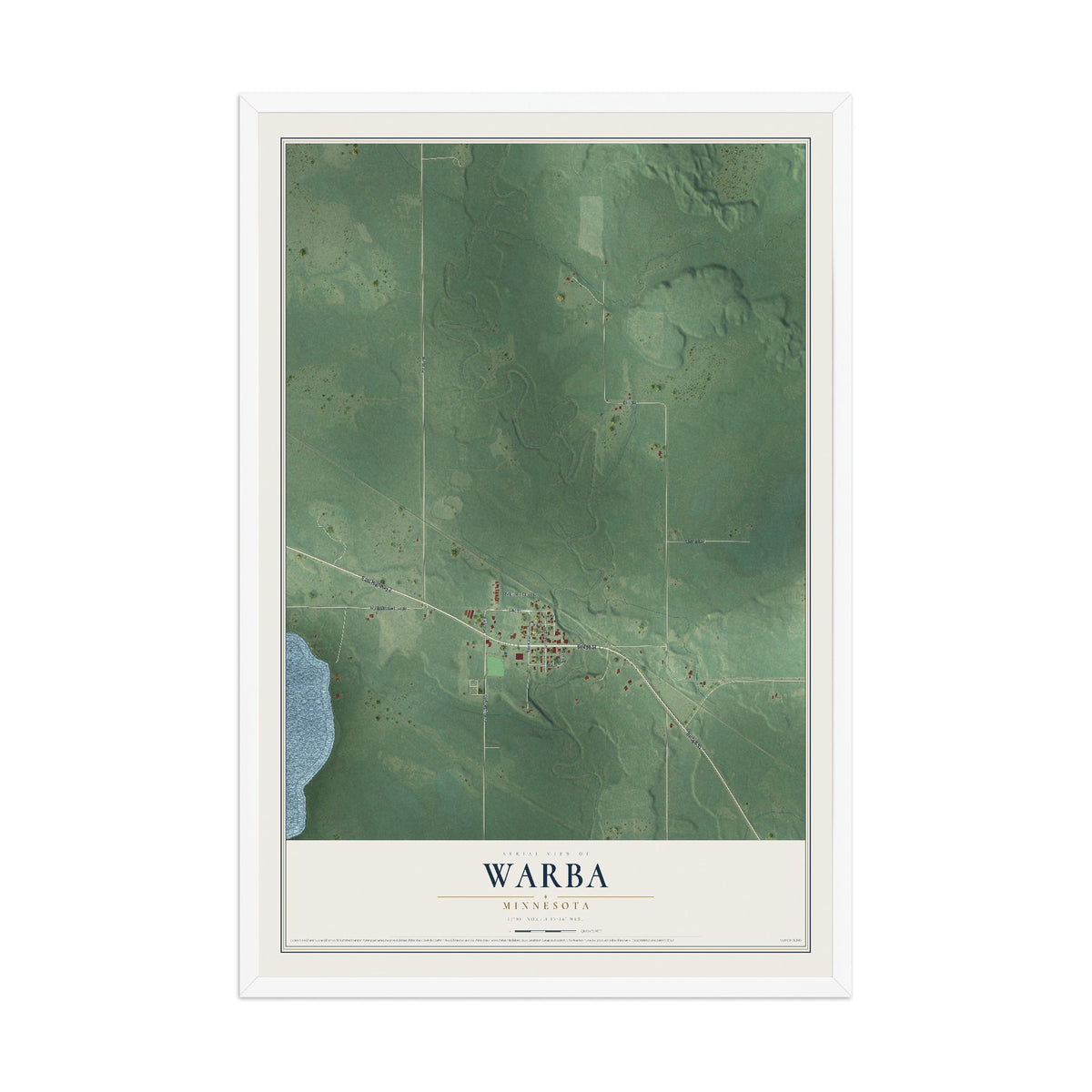 Map of Warba, Minnesota, 12 x 18 inch print in a white wood frame