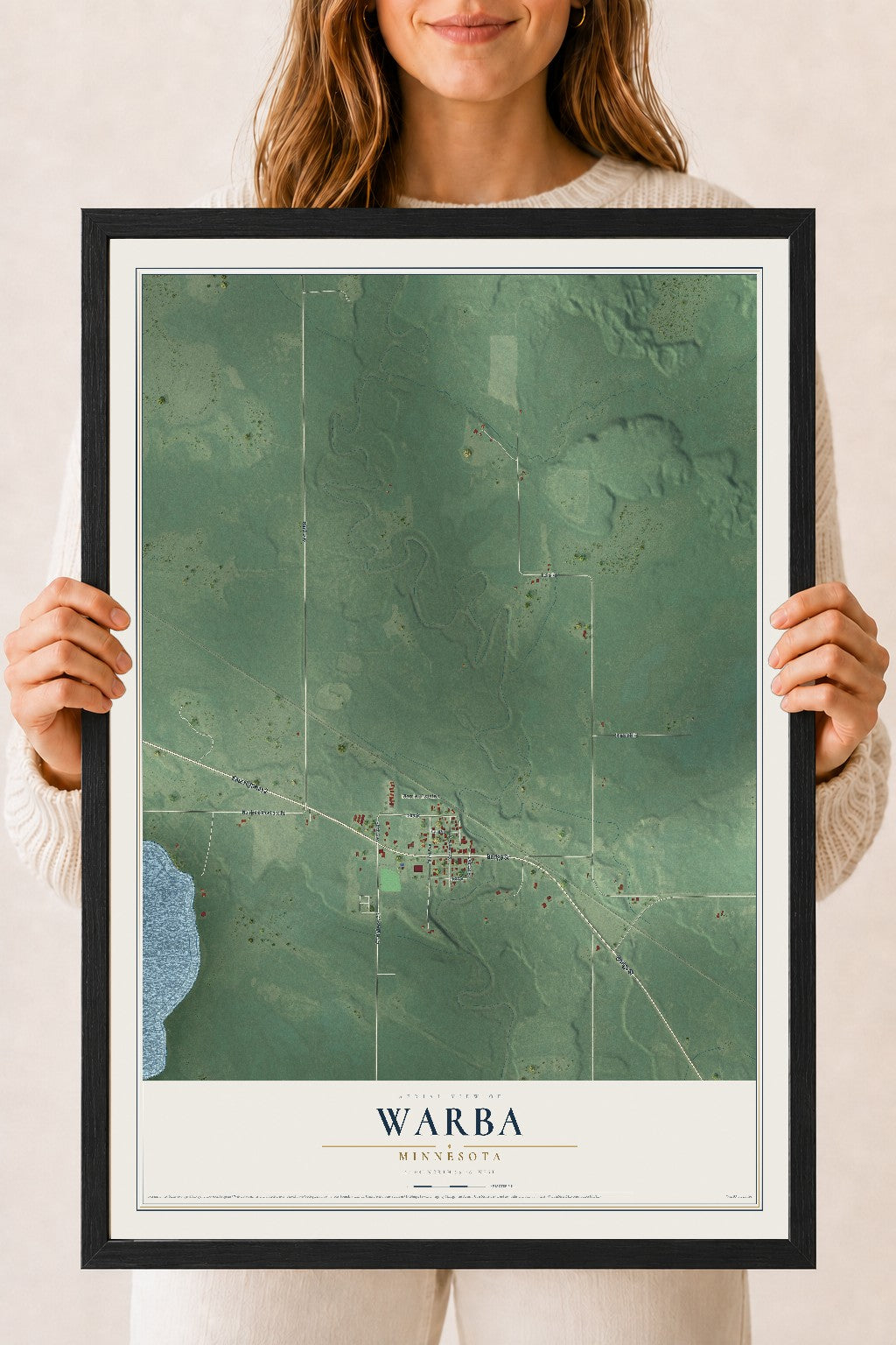 Map of Warba, Minnesota, 18 x 24 inch print in a black wood frame