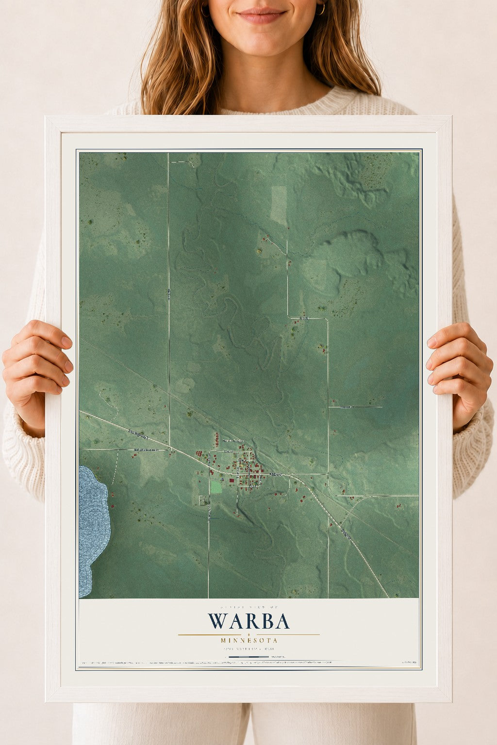 Map of Warba, Minnesota, 18 x 24 inch print in a white wood frame