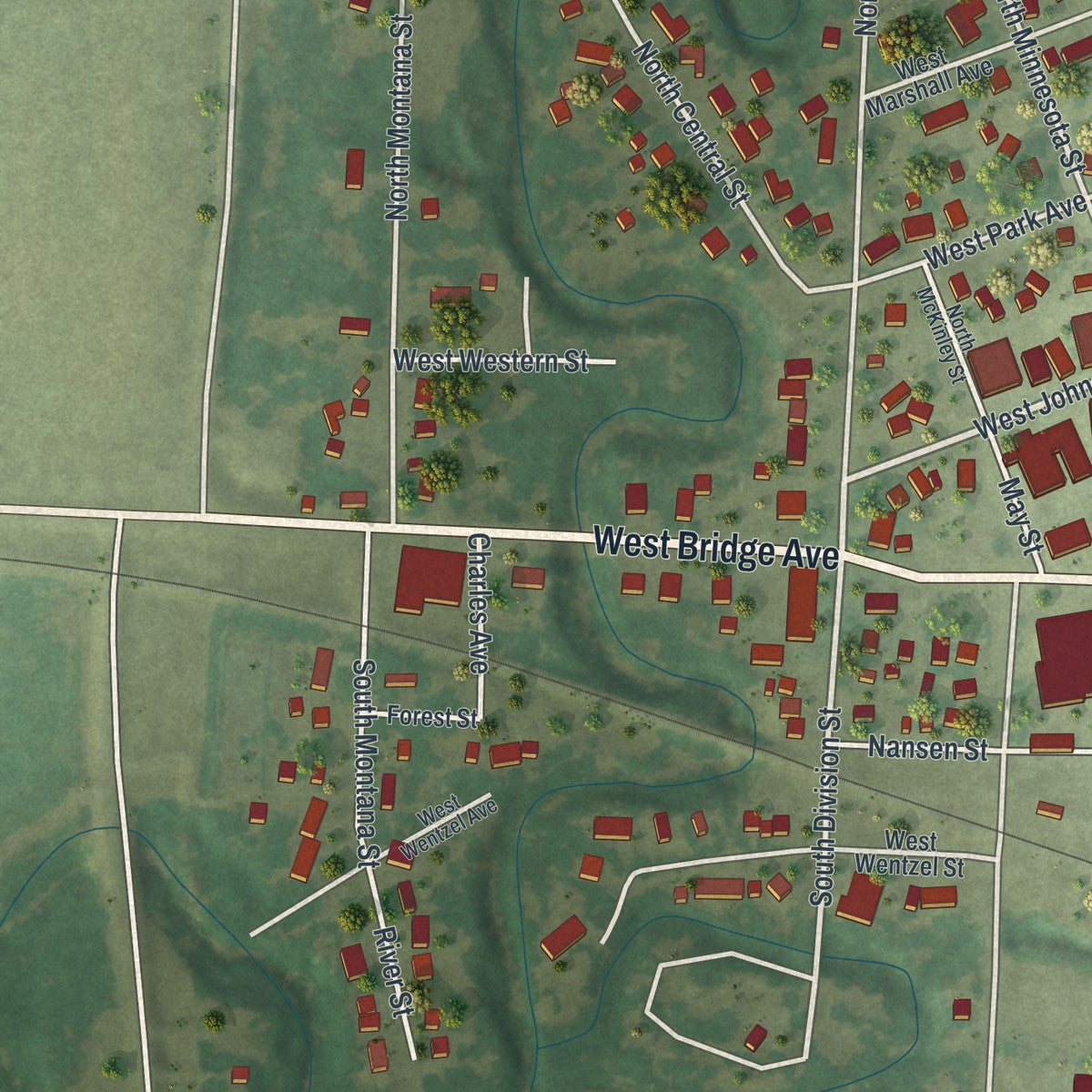 Second close-up of the map of Warren, Minnesota print showing more streets and buildings