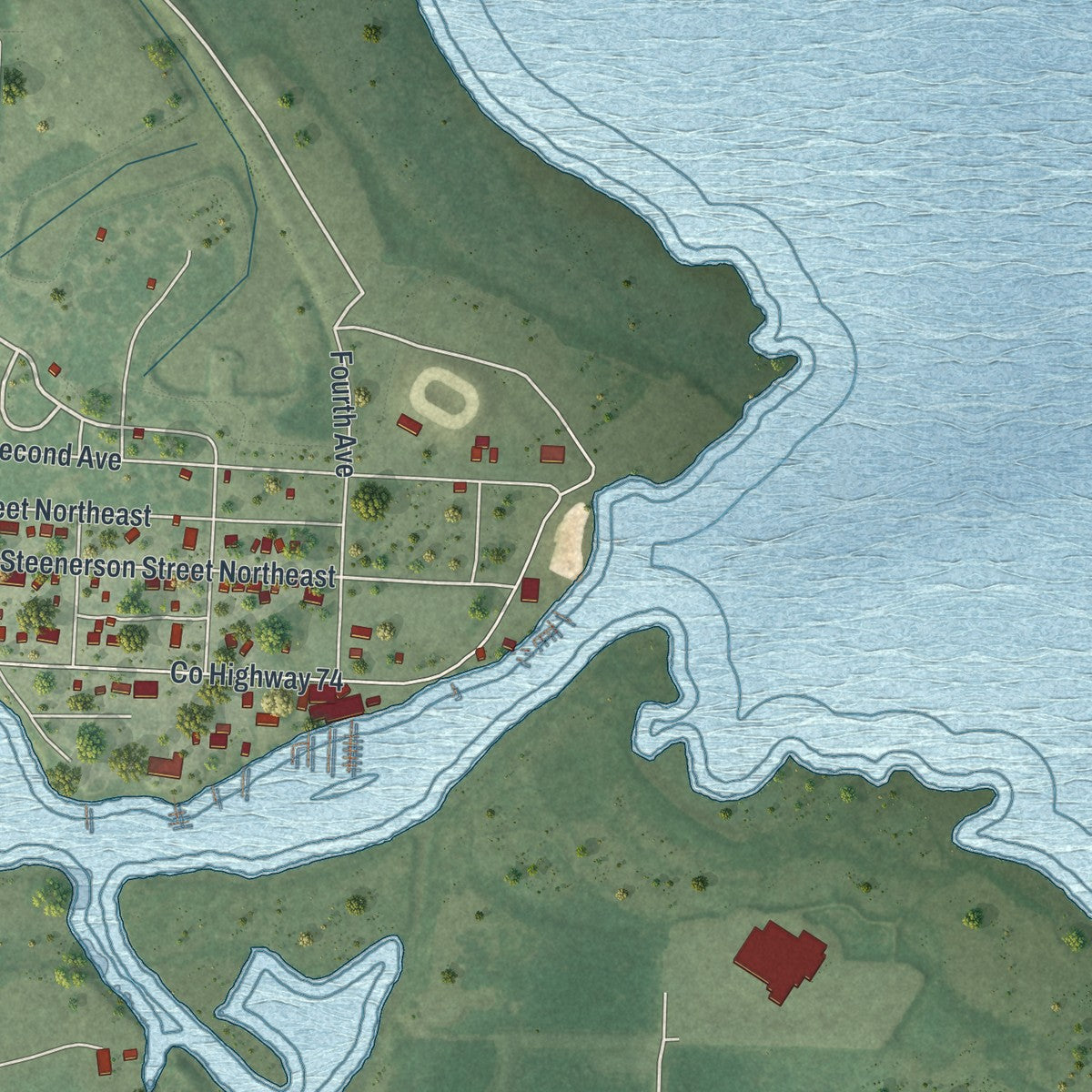 Second close-up of the map of Warroad, Minnesota print showing more streets and buildings