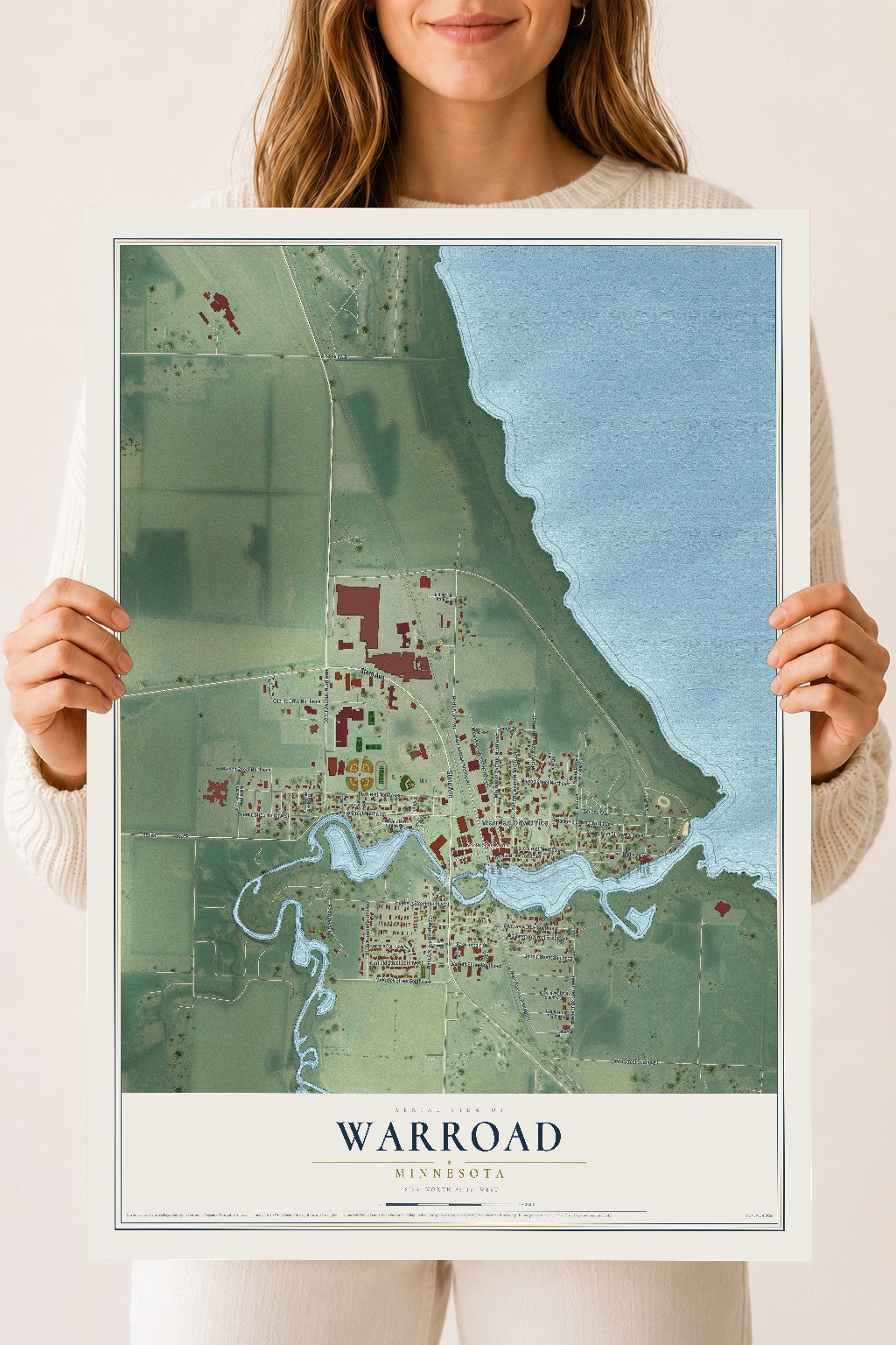 Map of Warroad, Minnesota, 18 x 24 inch unframed archival matte print