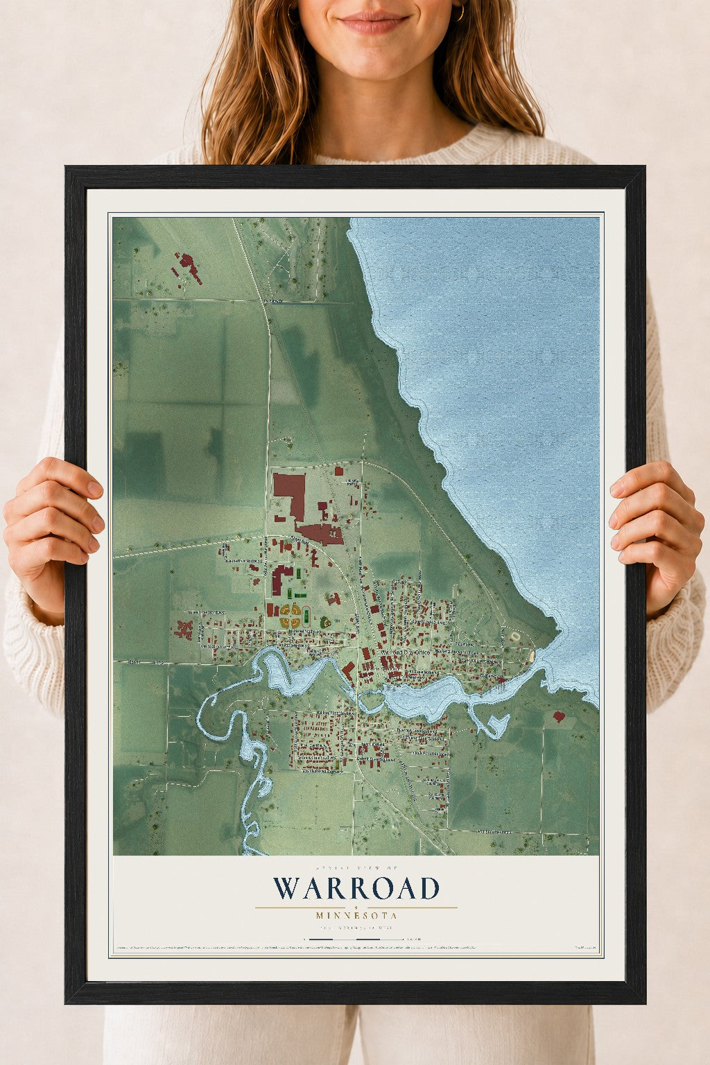 Map of Warroad, Minnesota, 18 x 24 inch print in a black wood frame
