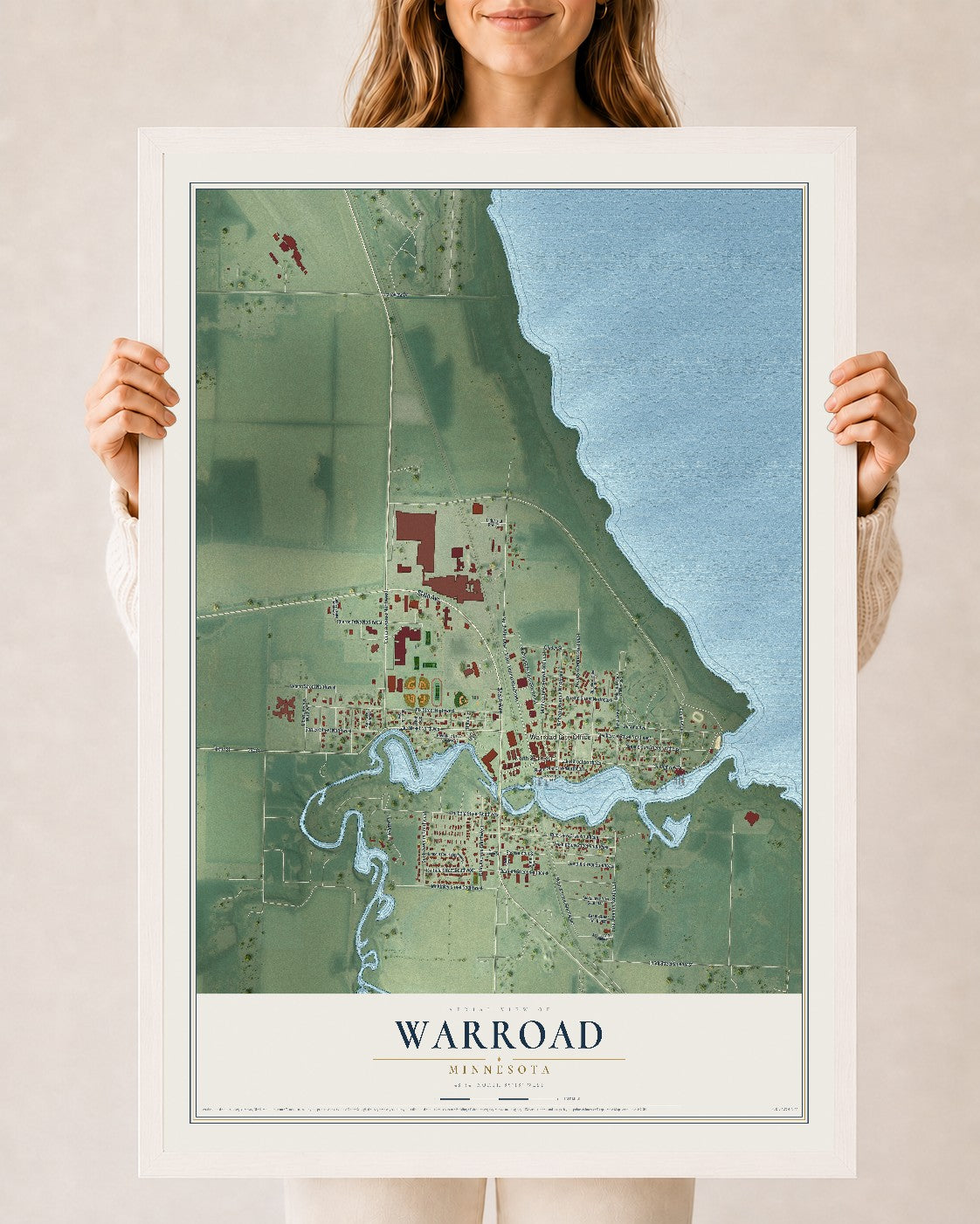 Map of Warroad, Minnesota, 24 x 36 inch print in a white wood frame