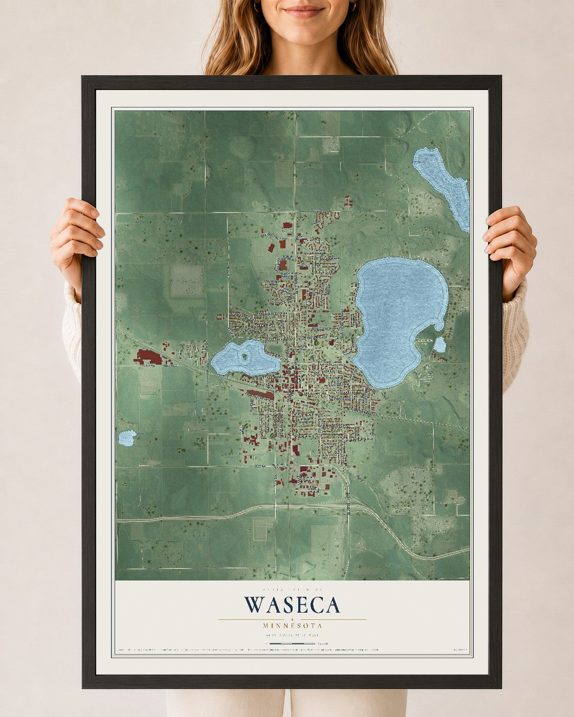 Map of Waseca, Minnesota, 24 x 36 inch print in a black wood frame