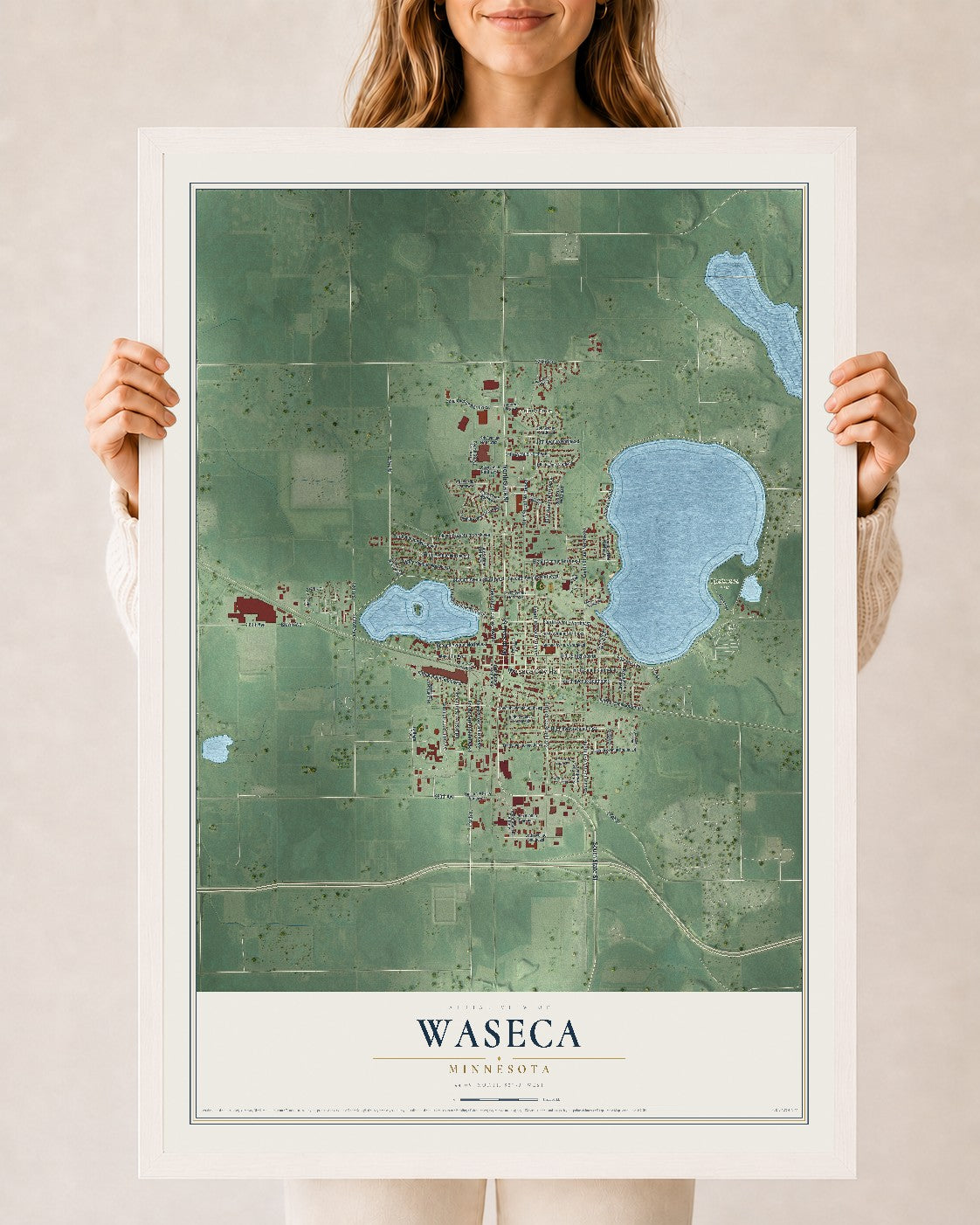 Map of Waseca, Minnesota, 24 x 36 inch print in a white wood frame