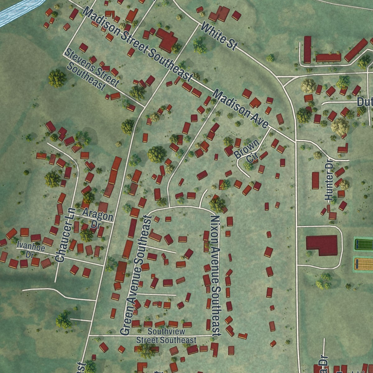 Second close-up of the map of Watertown, Minnesota print showing more streets and buildings