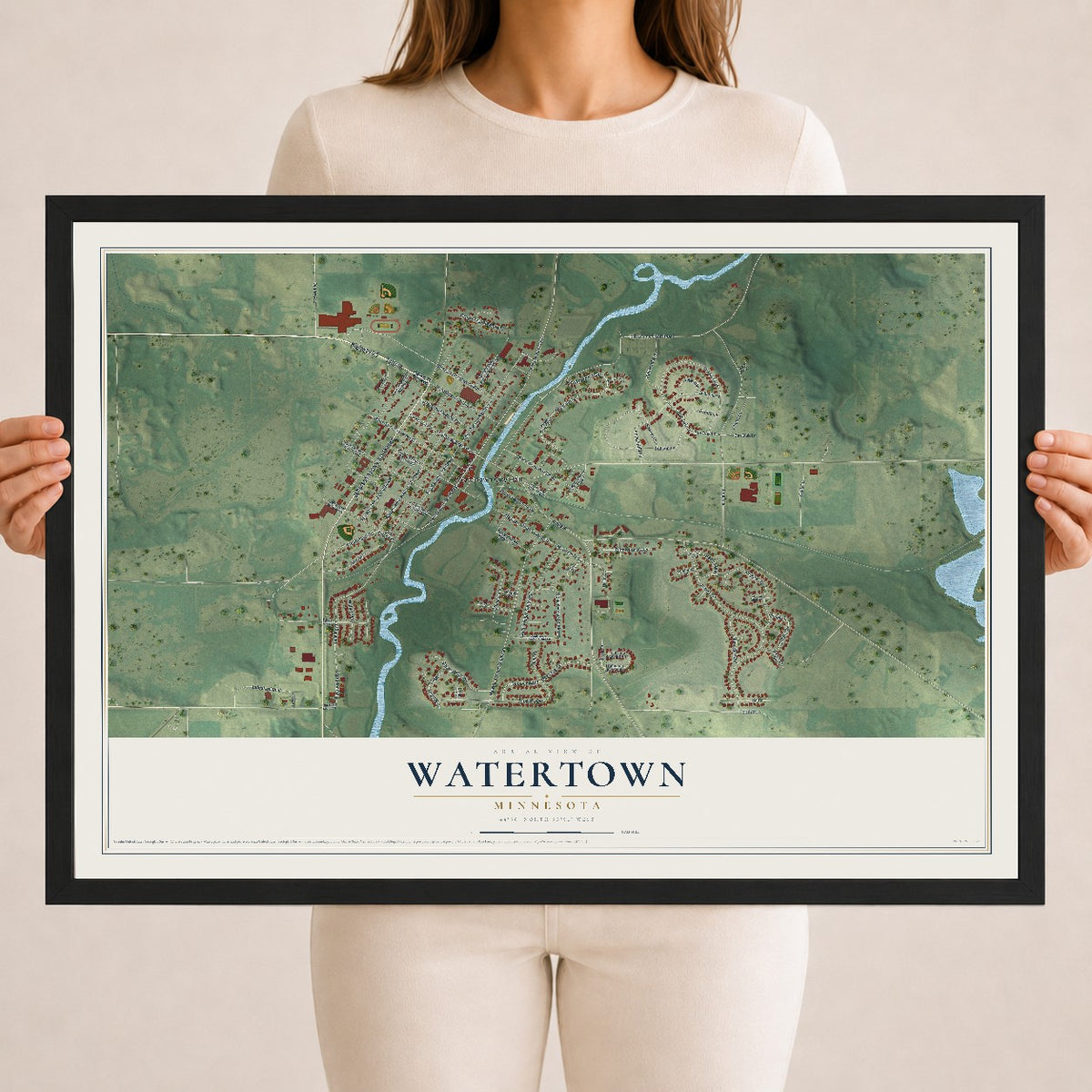 Map of Watertown, Minnesota, 18 x 24 inch print in a black wood frame