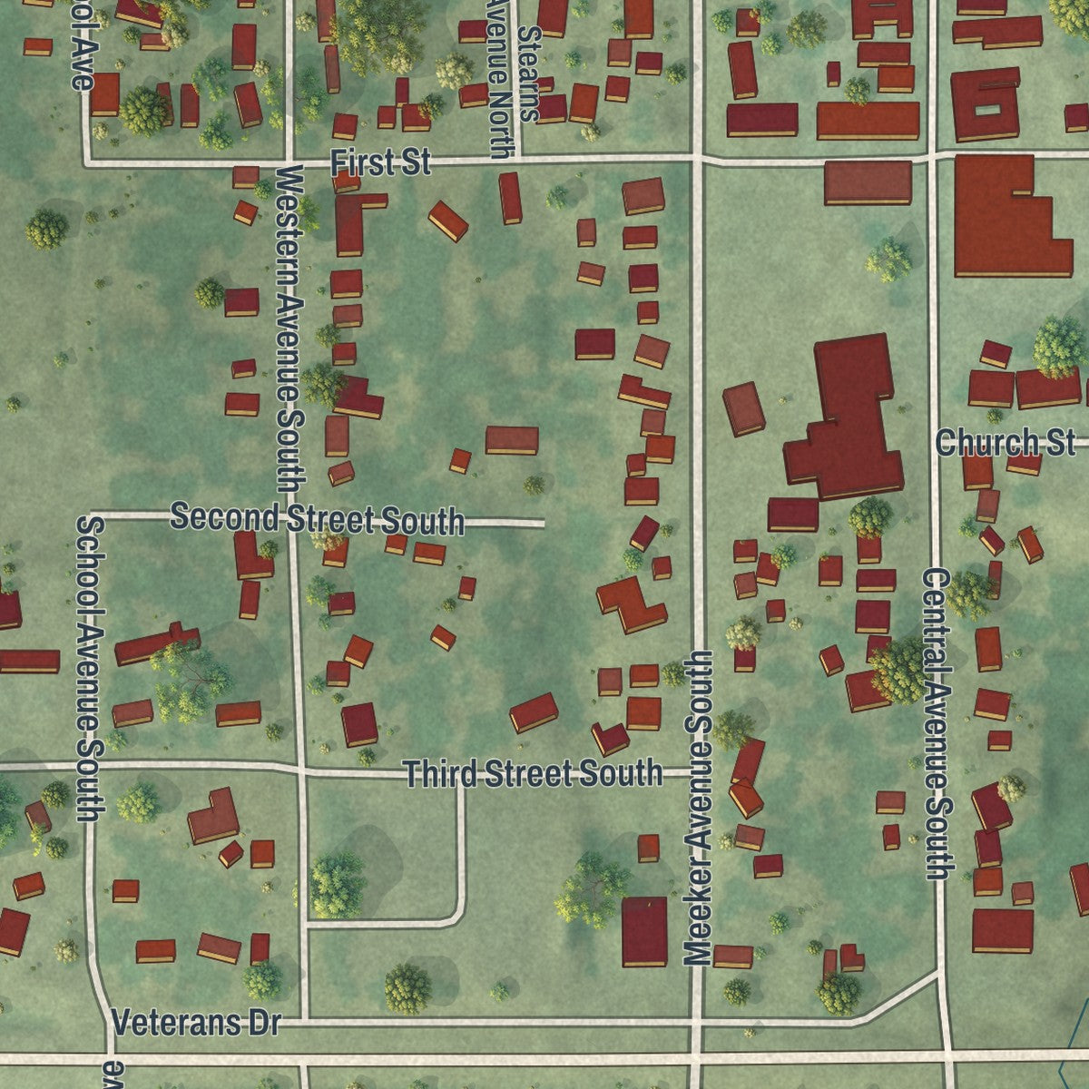 Close-up of the map of Watkins, Minnesota print showing street and building detail