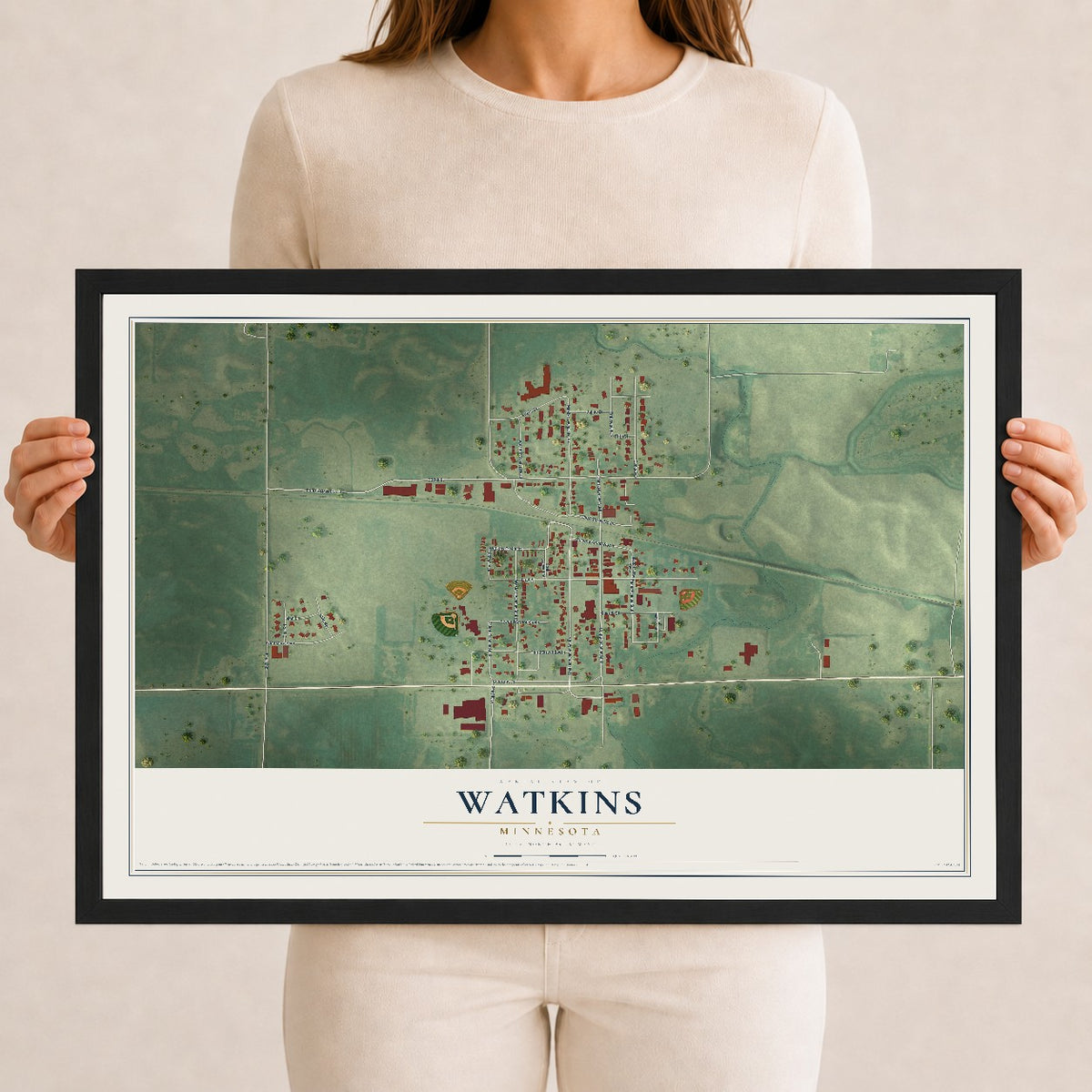 Map of Watkins, Minnesota, 12 x 18 inch print in a black wood frame