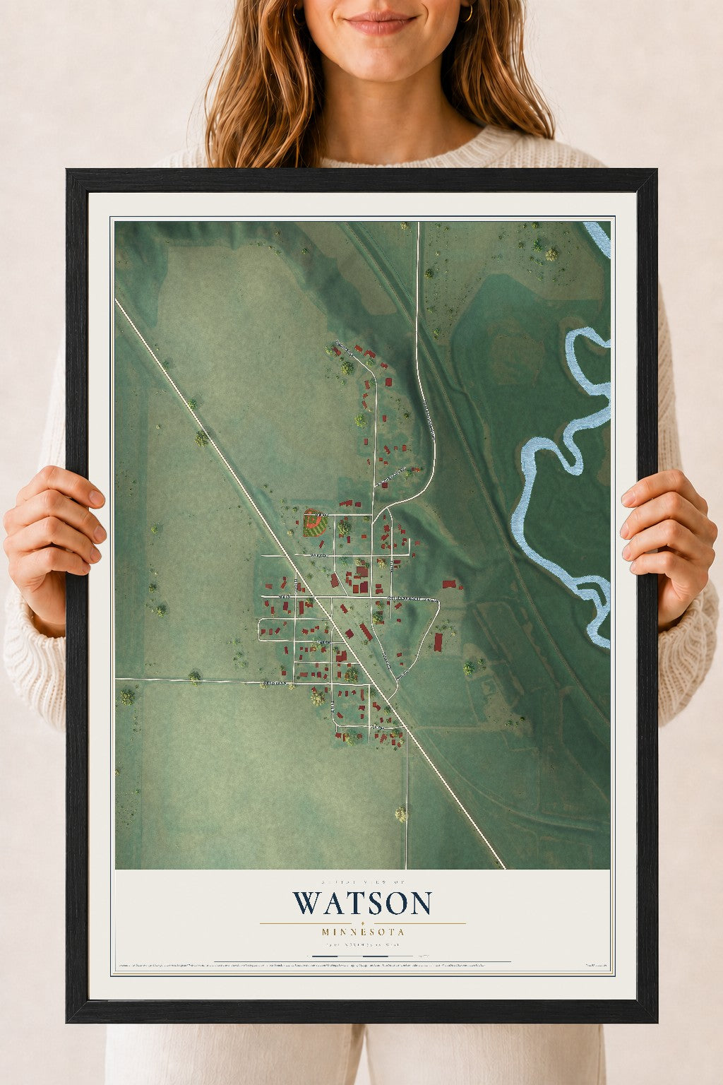 Map of Watson, Minnesota, 18 x 24 inch print in a black wood frame