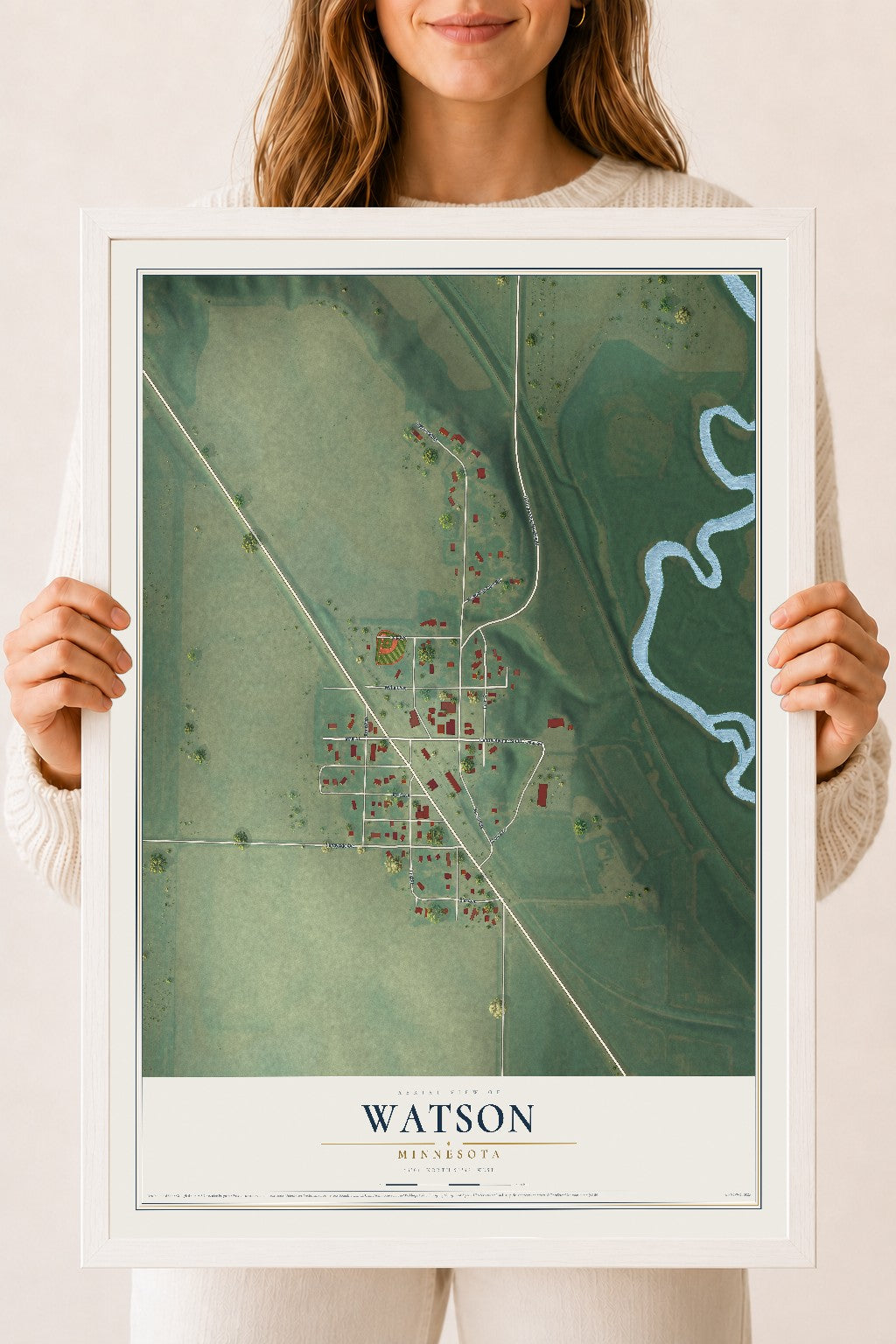Map of Watson, Minnesota, 18 x 24 inch print in a white wood frame