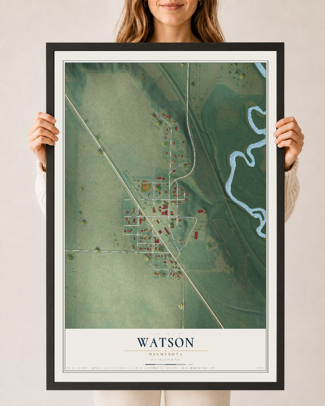 Map of Watson, Minnesota, 24 x 36 inch print in a black wood frame