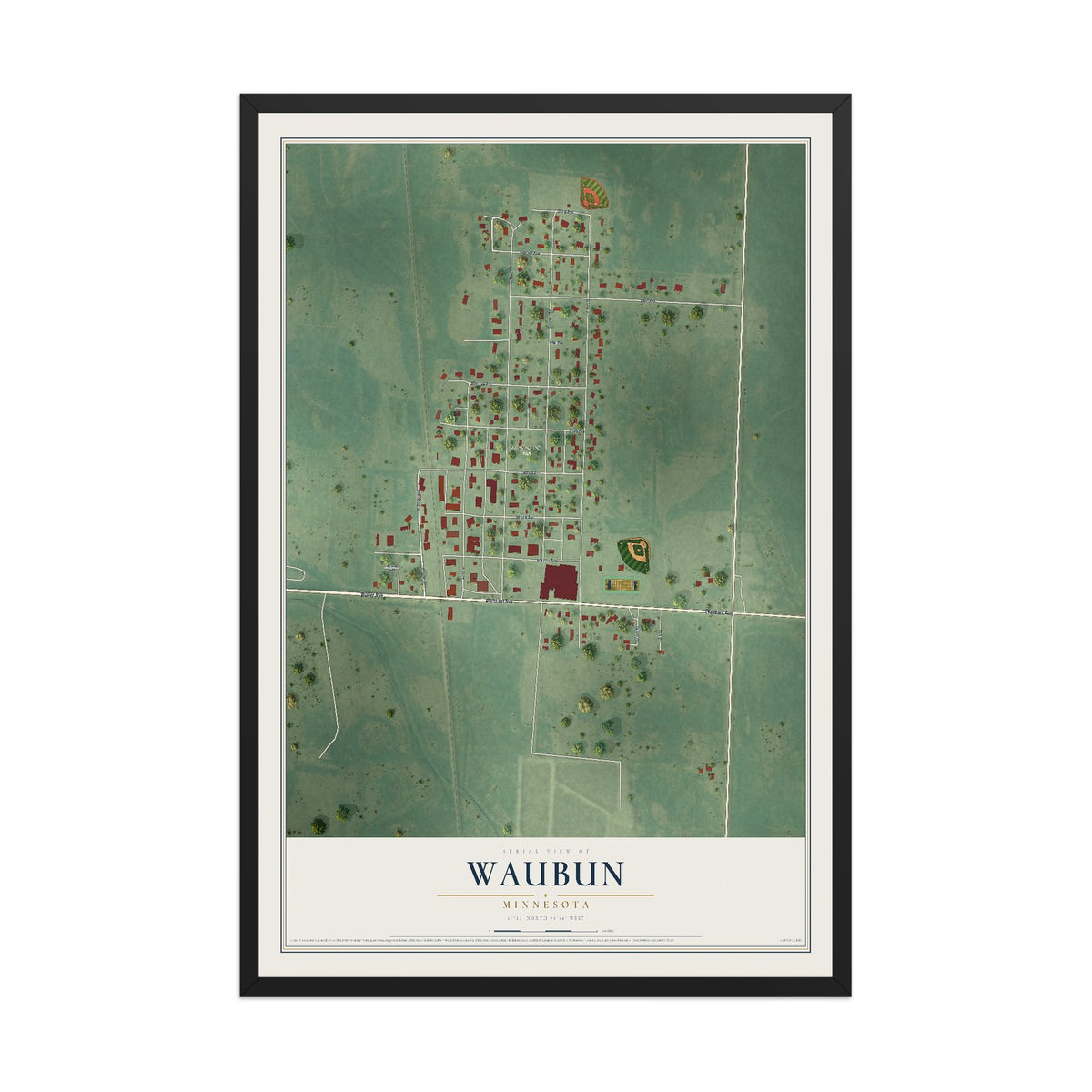 Map of Waubun, Minnesota, 12 x 18 inch print in a black wood frame