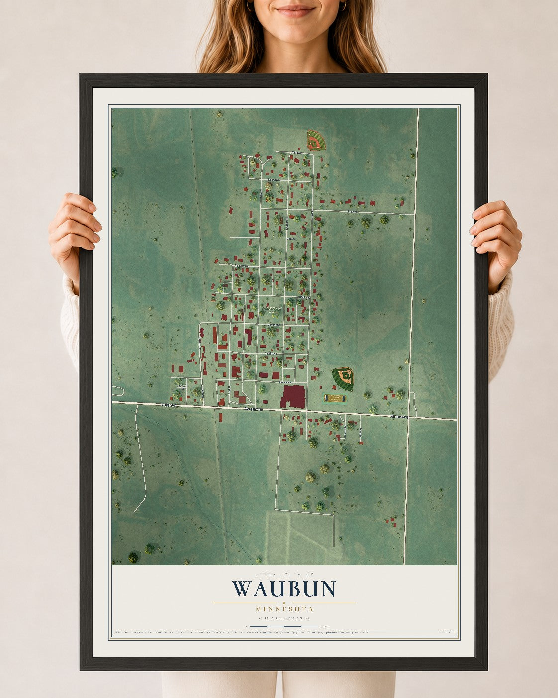 Map of Waubun, Minnesota, 24 x 36 inch print in a black wood frame