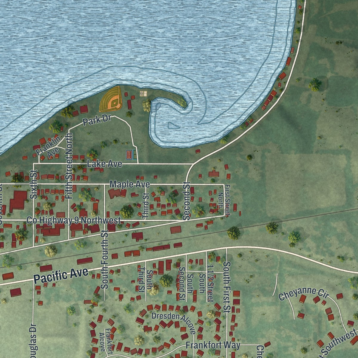 Close-up of the map of Waverly, Minnesota print showing street and building detail