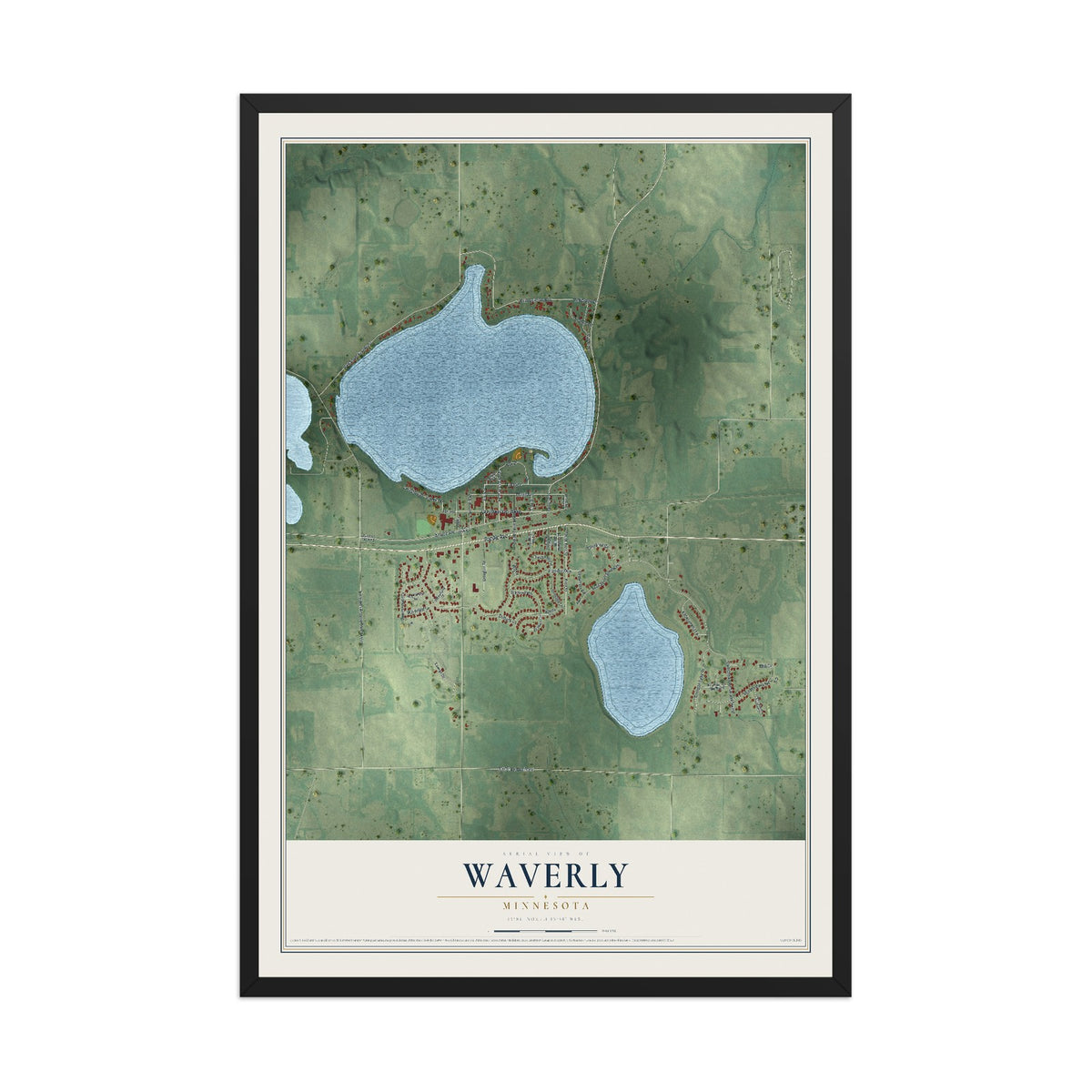 Map of Waverly, Minnesota, 12 x 18 inch print in a black wood frame