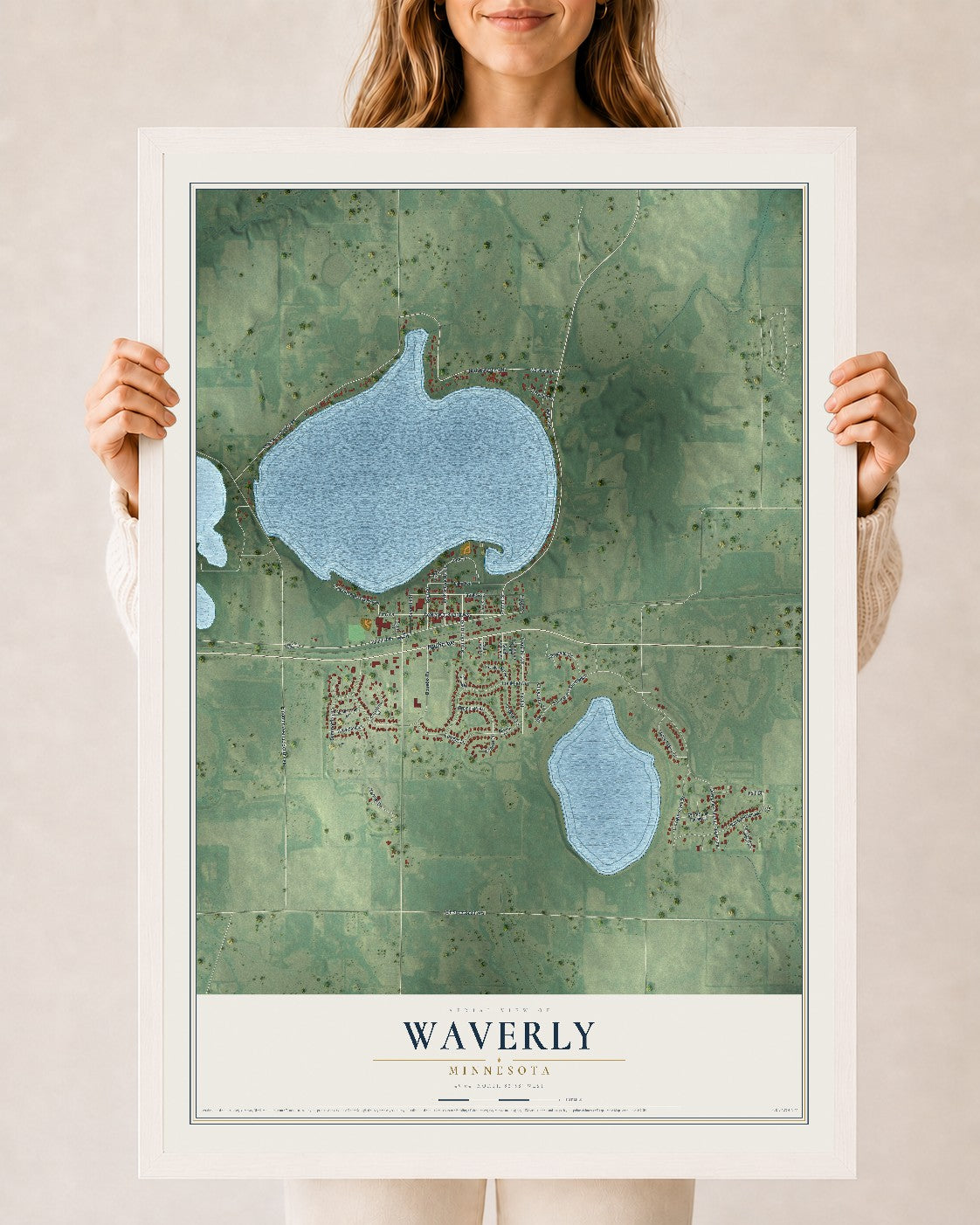 Map of Waverly, Minnesota, 24 x 36 inch print in a white wood frame