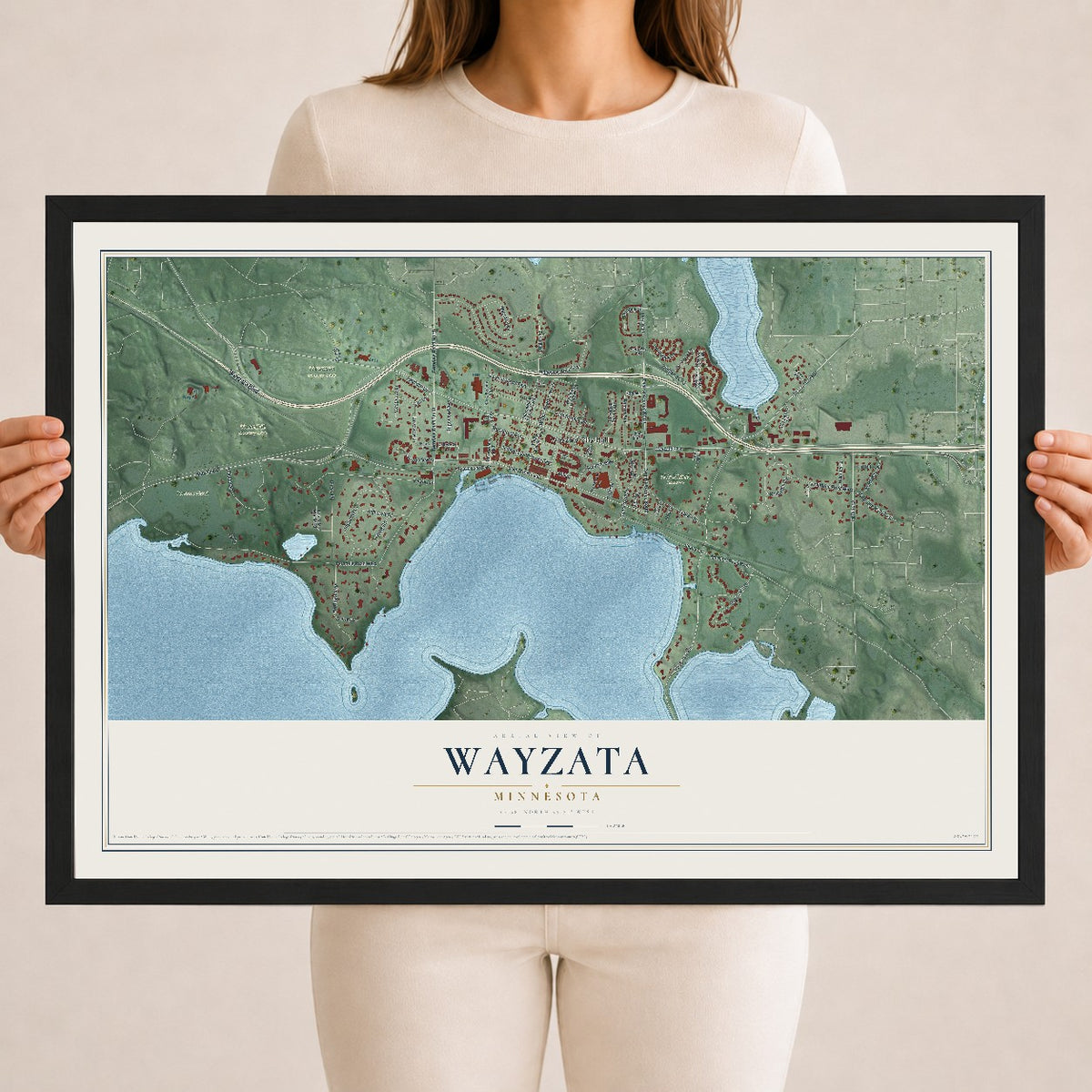 Map of Wayzata, Minnesota, 18 x 24 inch print in a black wood frame