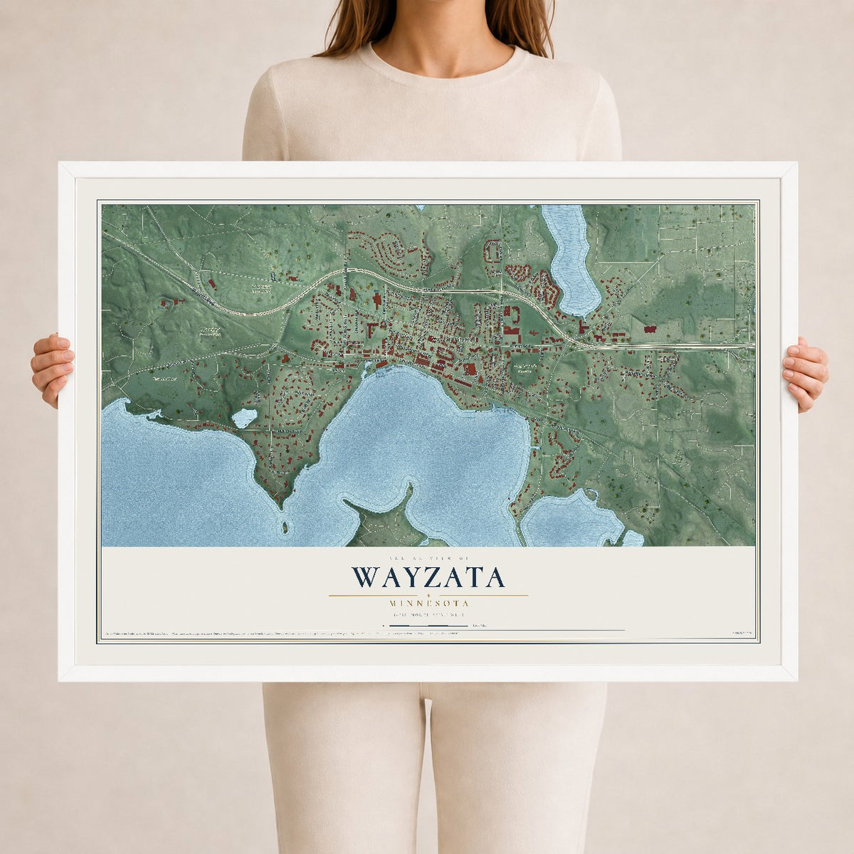 Map of Wayzata, Minnesota, 24 x 36 inch print in a white wood frame