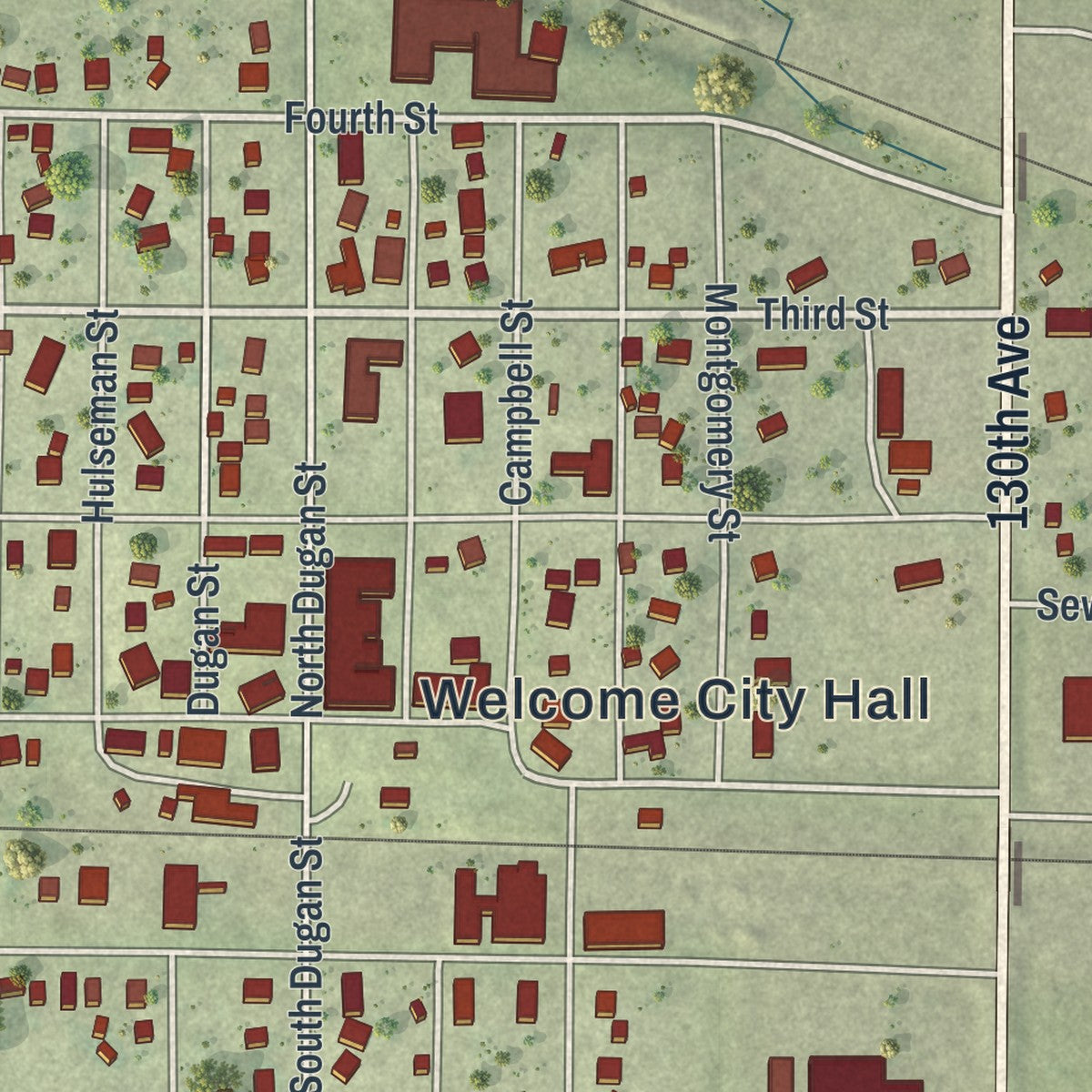 Close-up of the map of Welcome, Minnesota print showing street and building detail