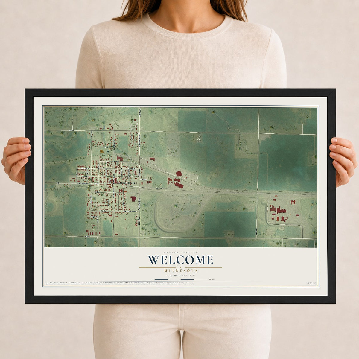 Map of Welcome, Minnesota, 12 x 18 inch print in a black wood frame