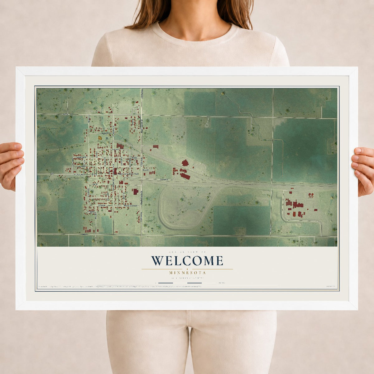 Map of Welcome, Minnesota, 18 x 24 inch print in a white wood frame