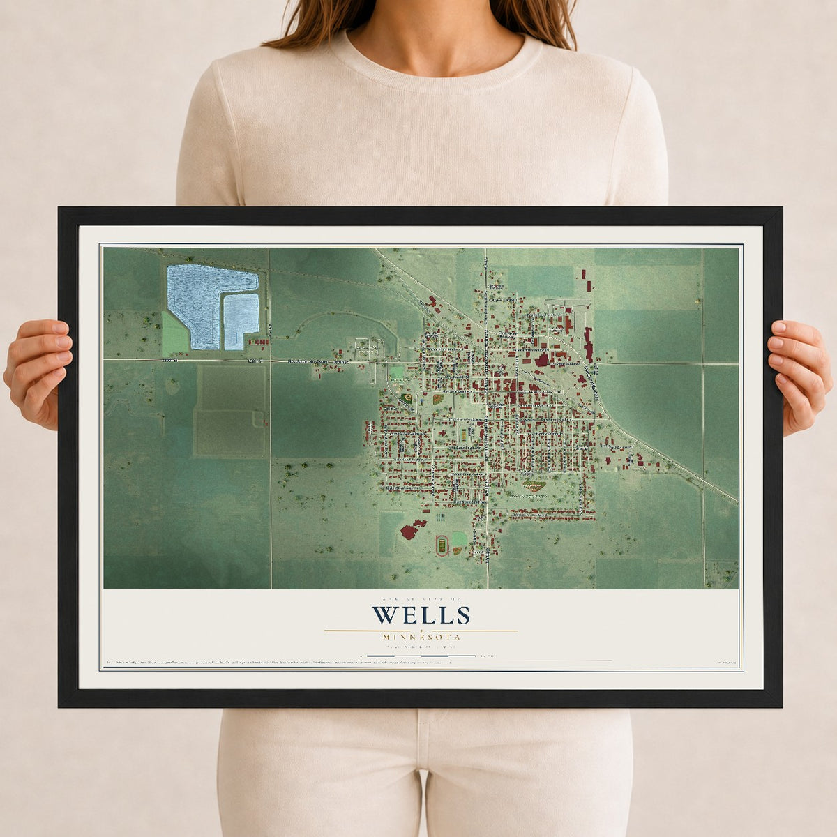 Map of Wells, Minnesota, 12 x 18 inch print in a black wood frame