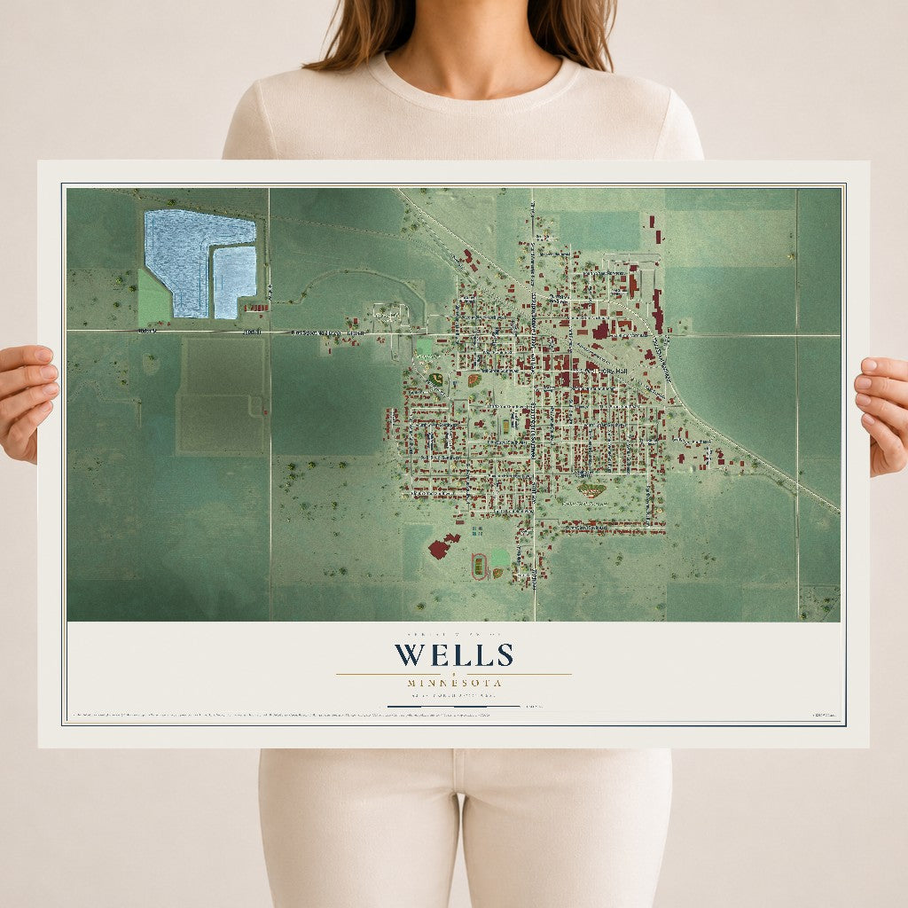 Map of Wells, Minnesota, 18 x 24 inch unframed archival matte print