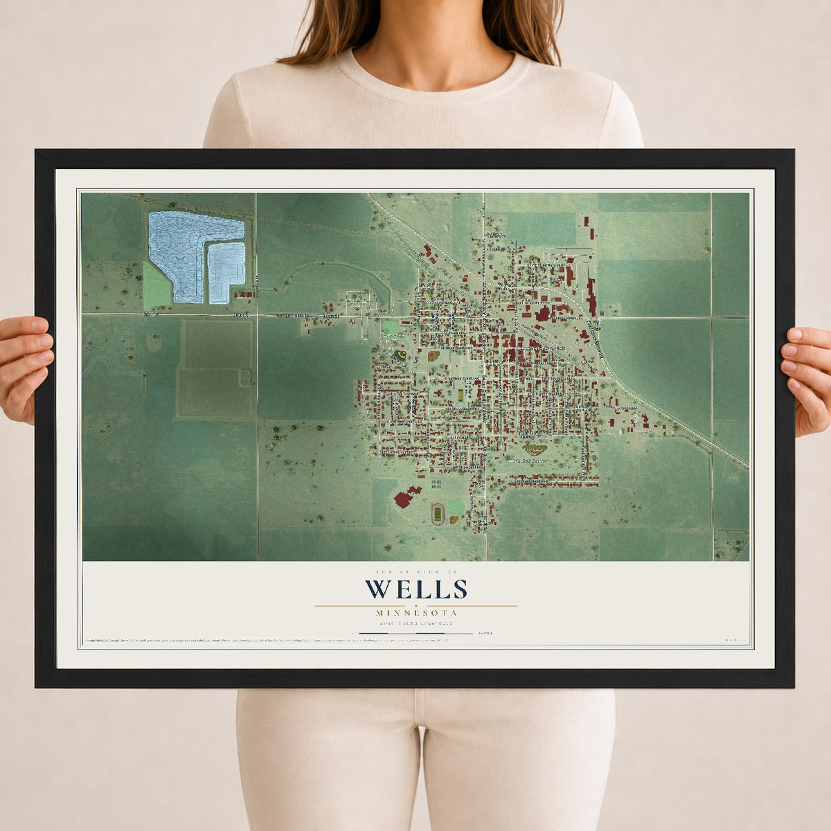 Map of Wells, Minnesota, 18 x 24 inch print in a black wood frame